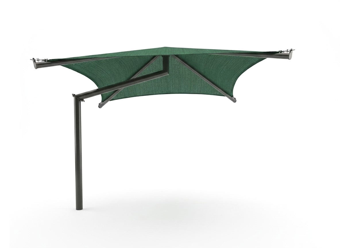 Single Post Pyramid Cantilever Shade Structure with green UV-blocking fabric and dark gray metal post over playground equipment
