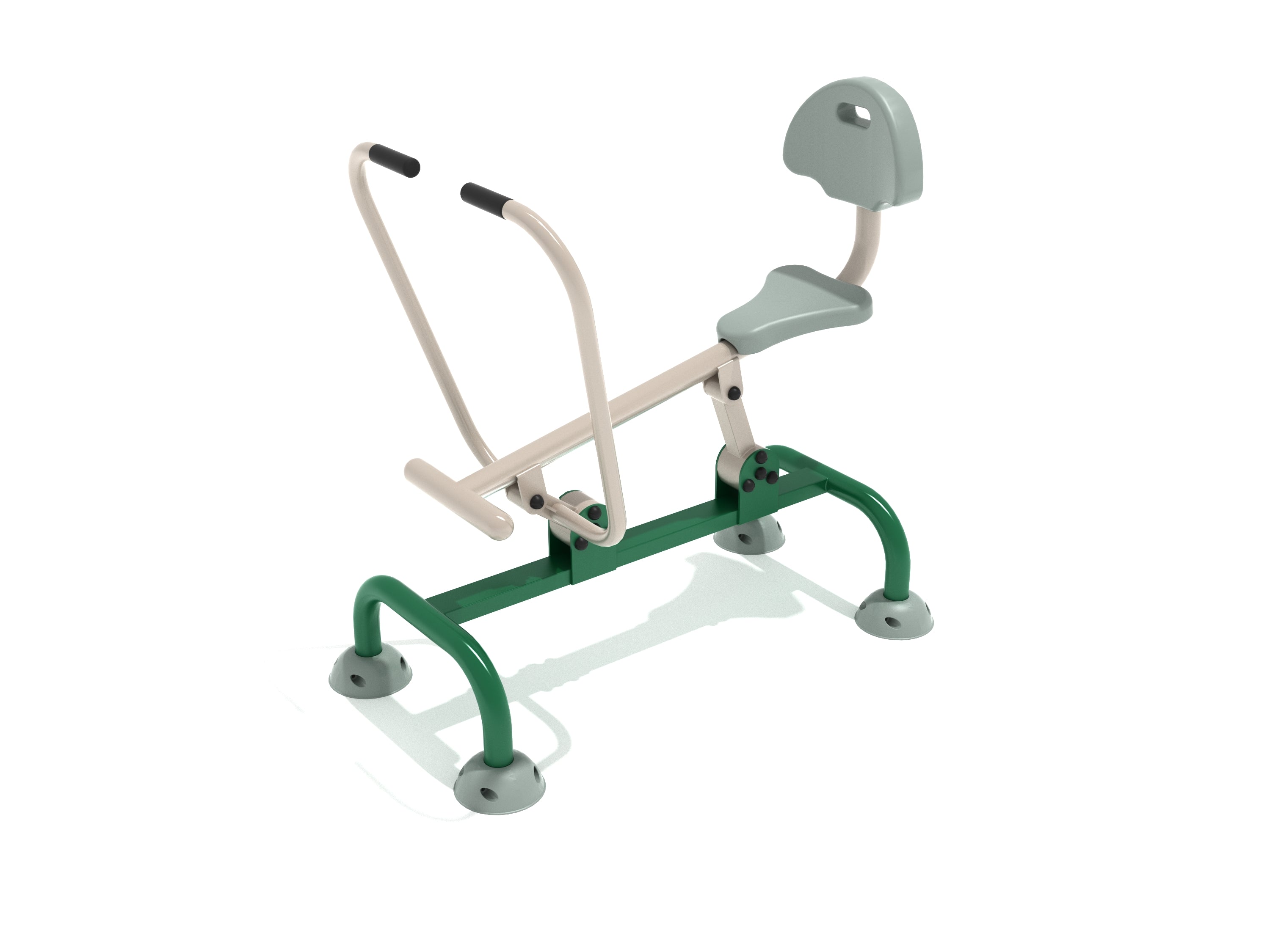 Outdoor single station rowing machine with supportive backrest, green base, and beige handles for full-body workout
