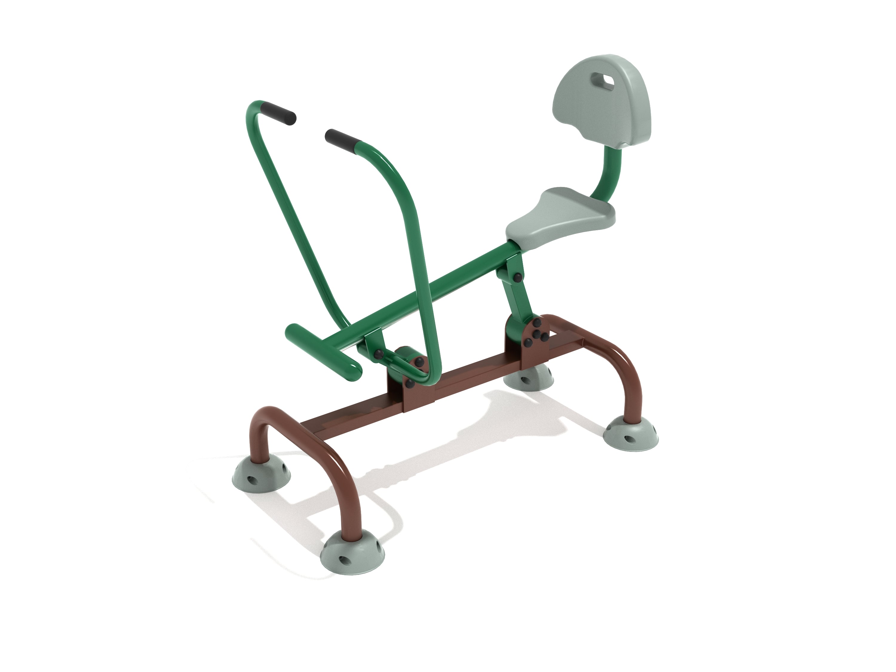 Outdoor single station rower with ergonomic seat, backrest, green and brown metal frame, and comfortable handles