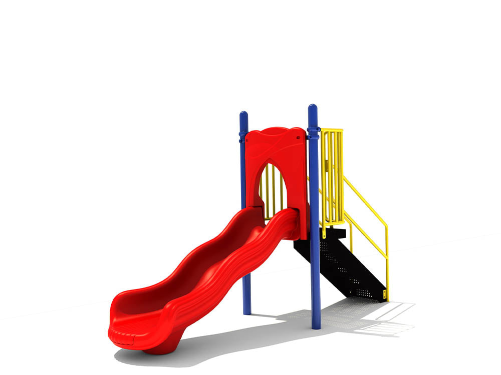 3 Foot Single Freestanding Wave Slide with red wavy slide bed, blue posts, yellow metal stairs, and safety rails