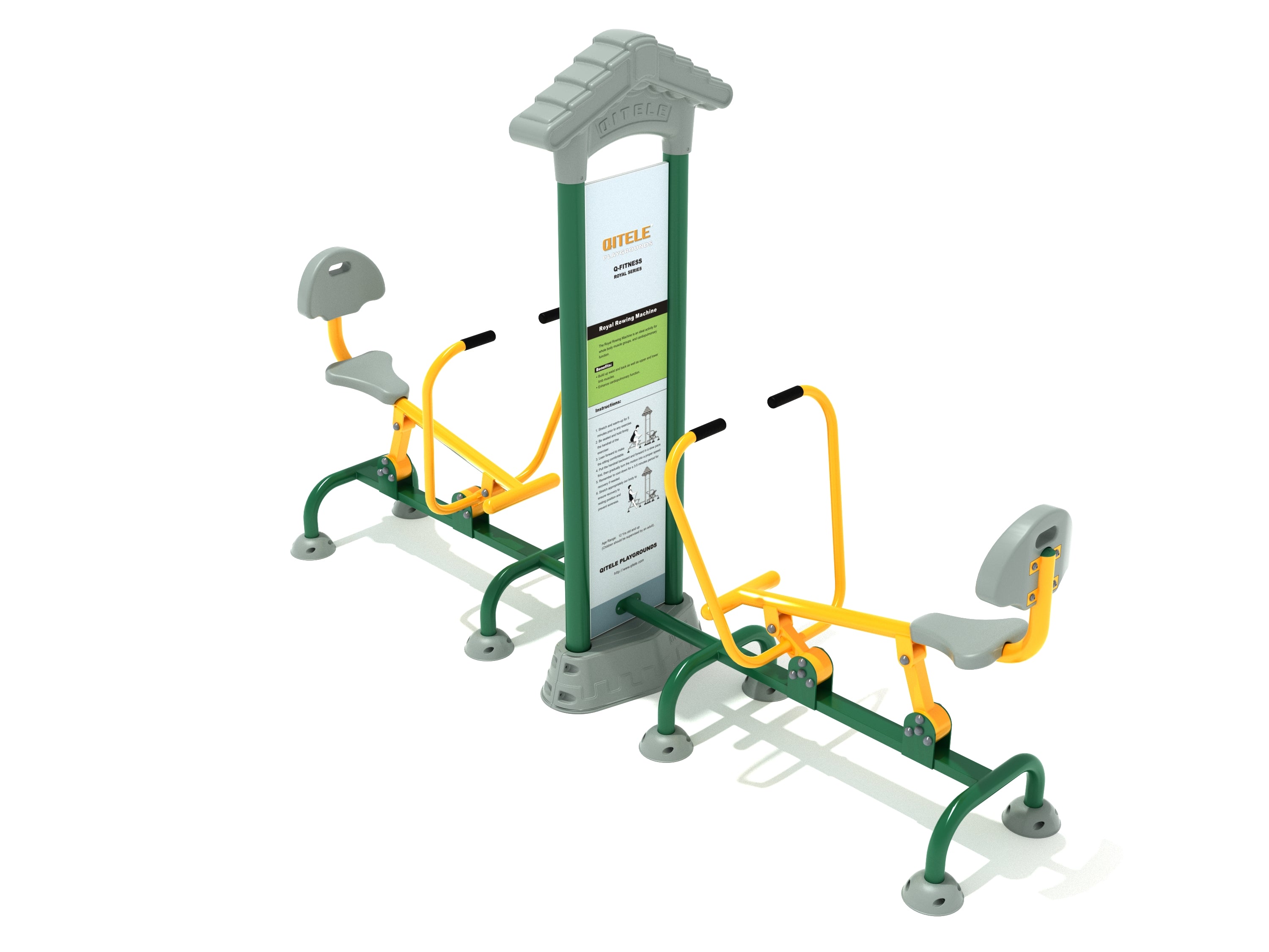 Outdoor double rowing machine with green frame, gray seats, yellow handles, and instructional panel for dual users.