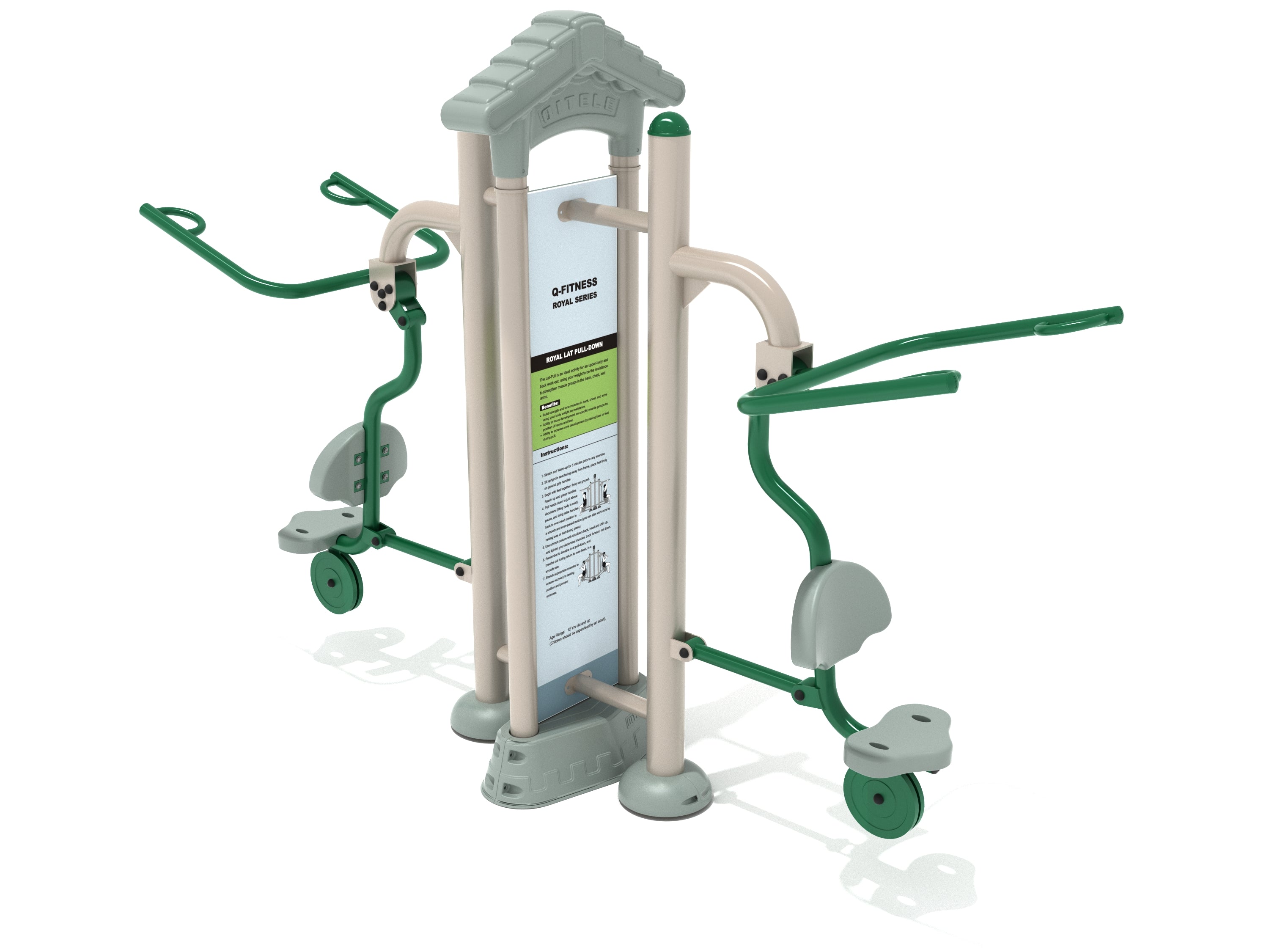 Royal Double Station Lat Pulldown outdoor fitness equipment with dual green handles, two seats, and central instruction board.