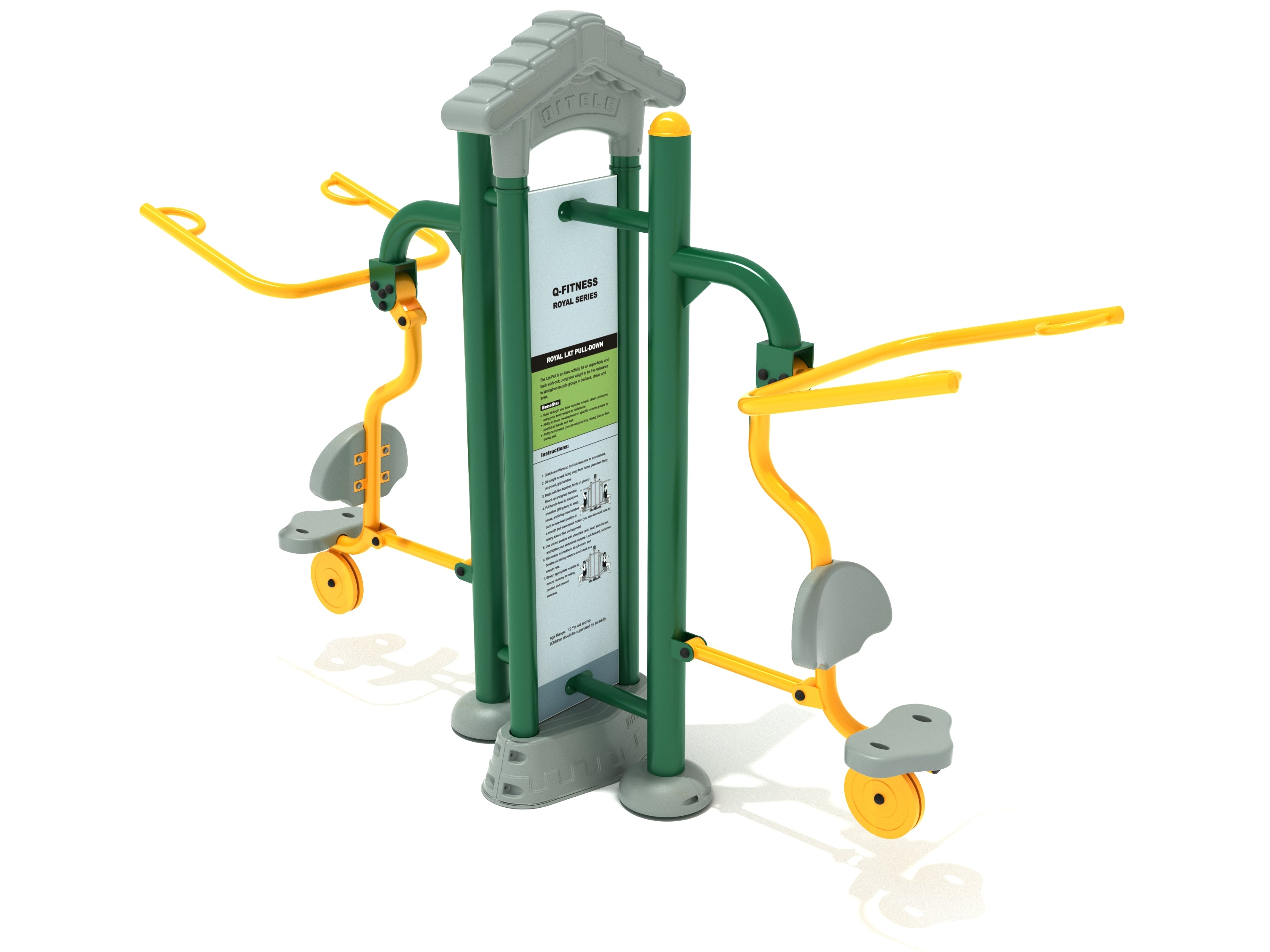 Outdoor double lat pulldown station with green steel frame, yellow handles, gray seats, and central instruction panel