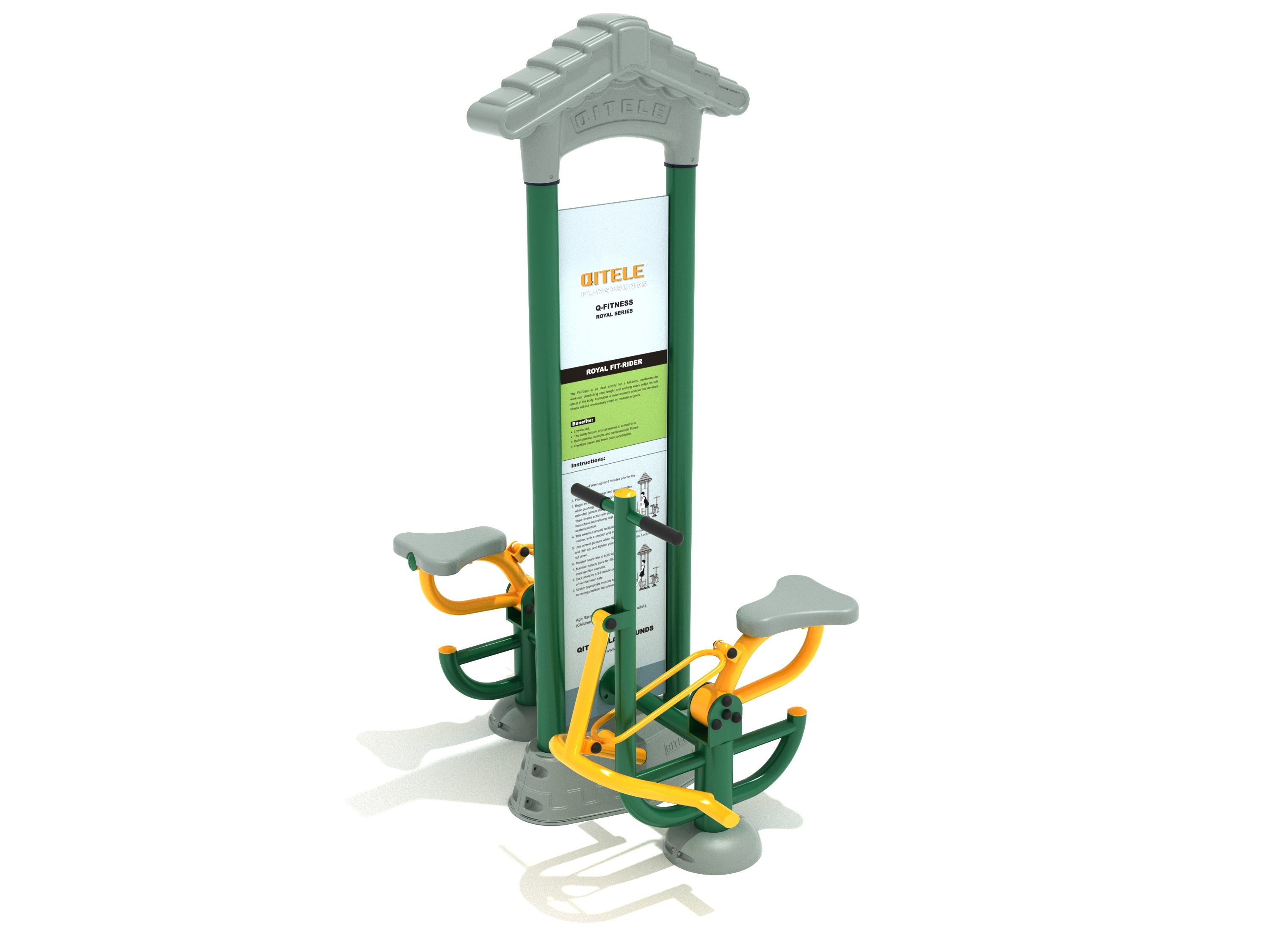 Outdoor dual cardio fitness equipment with green and yellow metal frame, gray seats, designed for two users.