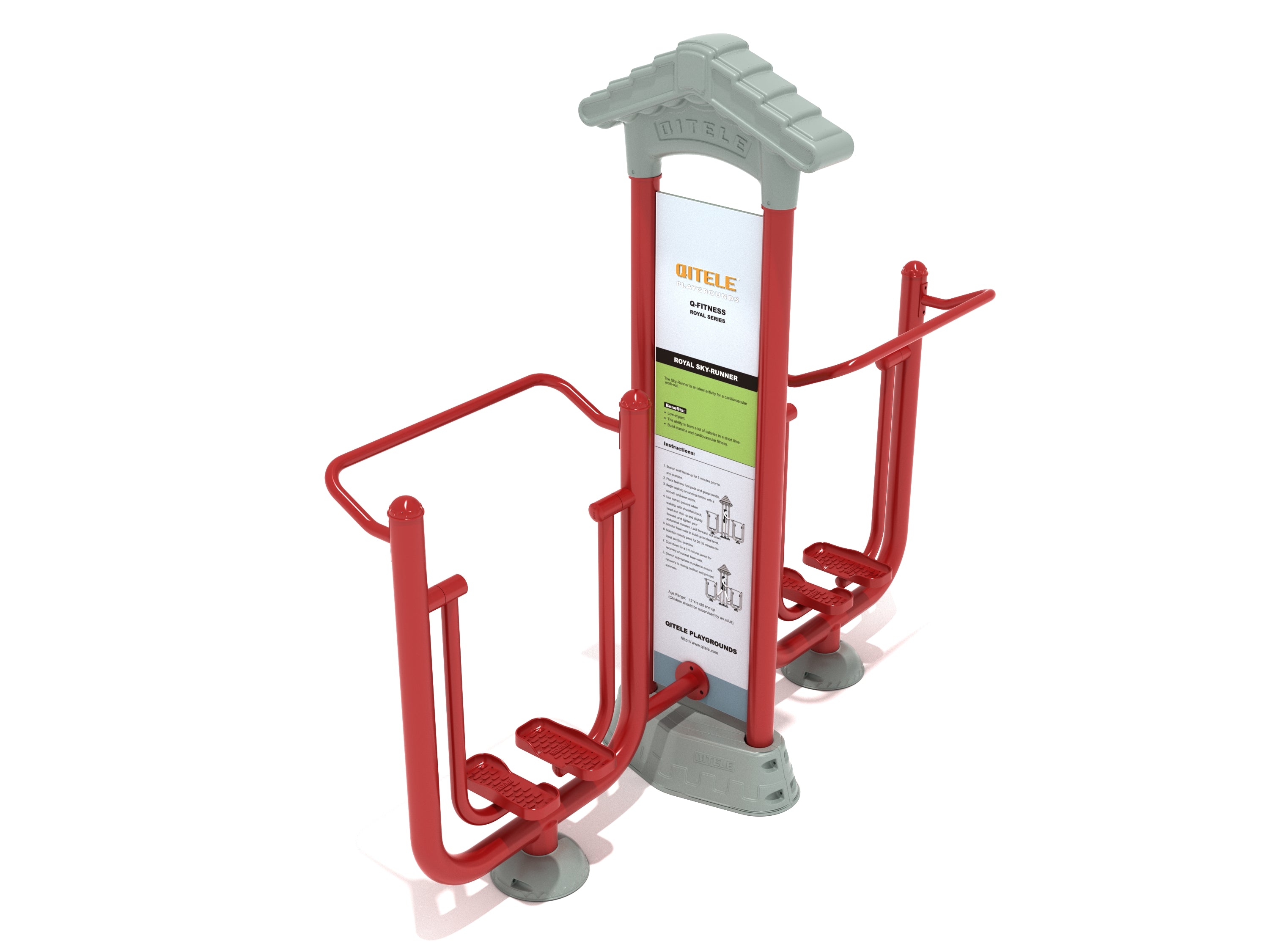 Royal Double Station Sky Walker outdoor fitness equipment with dual red steel frames, foot pedals, sturdy handles, and instructional panel for cardio workouts.