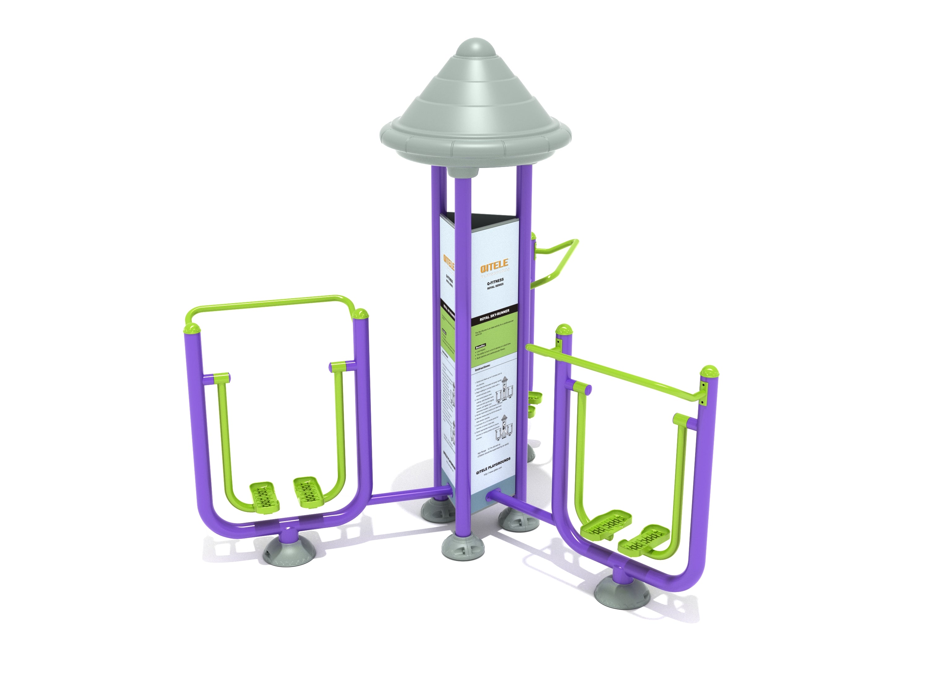 Outdoor triple fitness station with purple frame, green footpads, central column, and gray conical roof for low-impact cardio and leg workouts