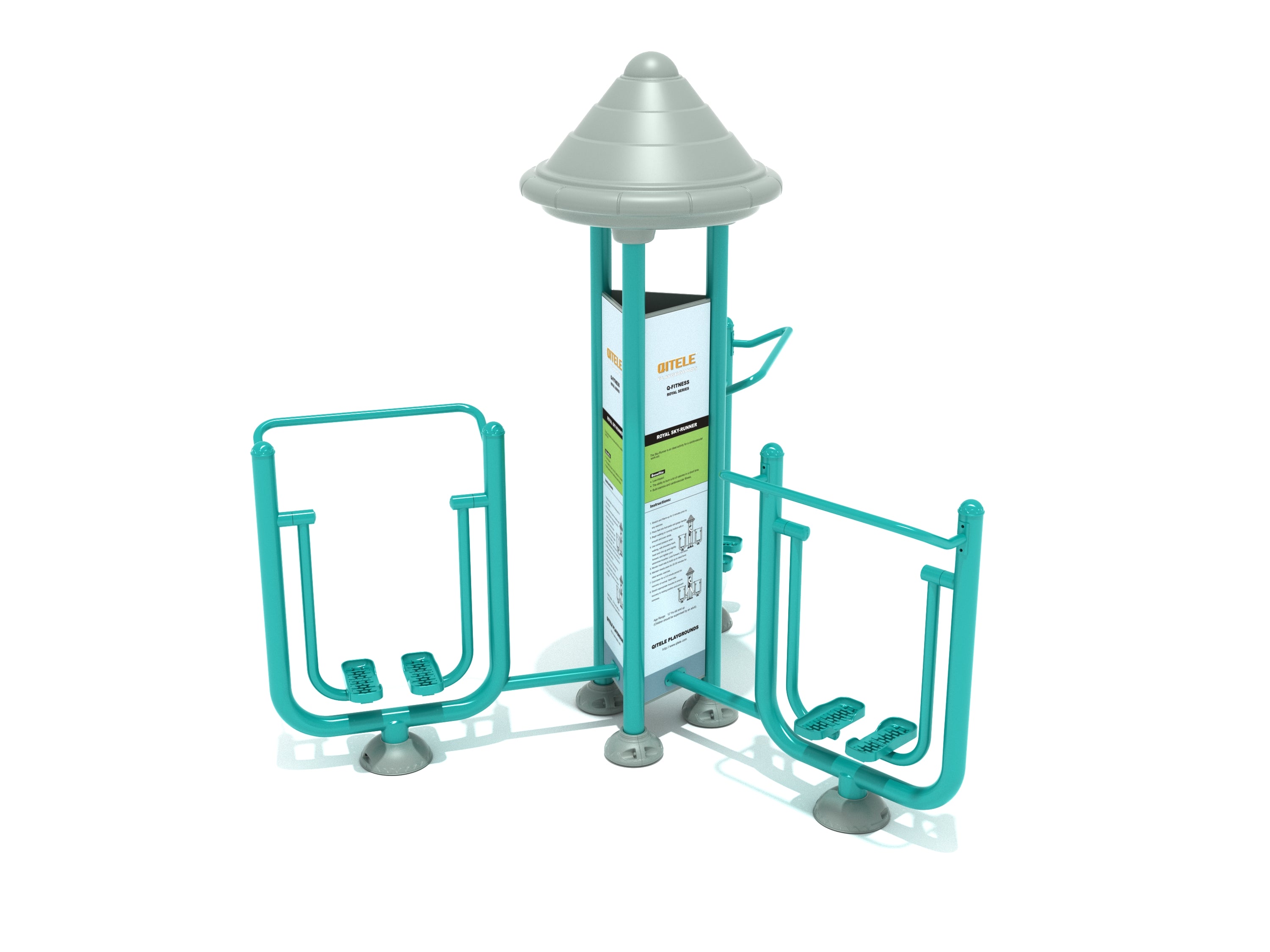 Royal Triple Station Sky Walker outdoor fitness equipment with three teal gliding footpads and central gray canopy for group cardio workouts