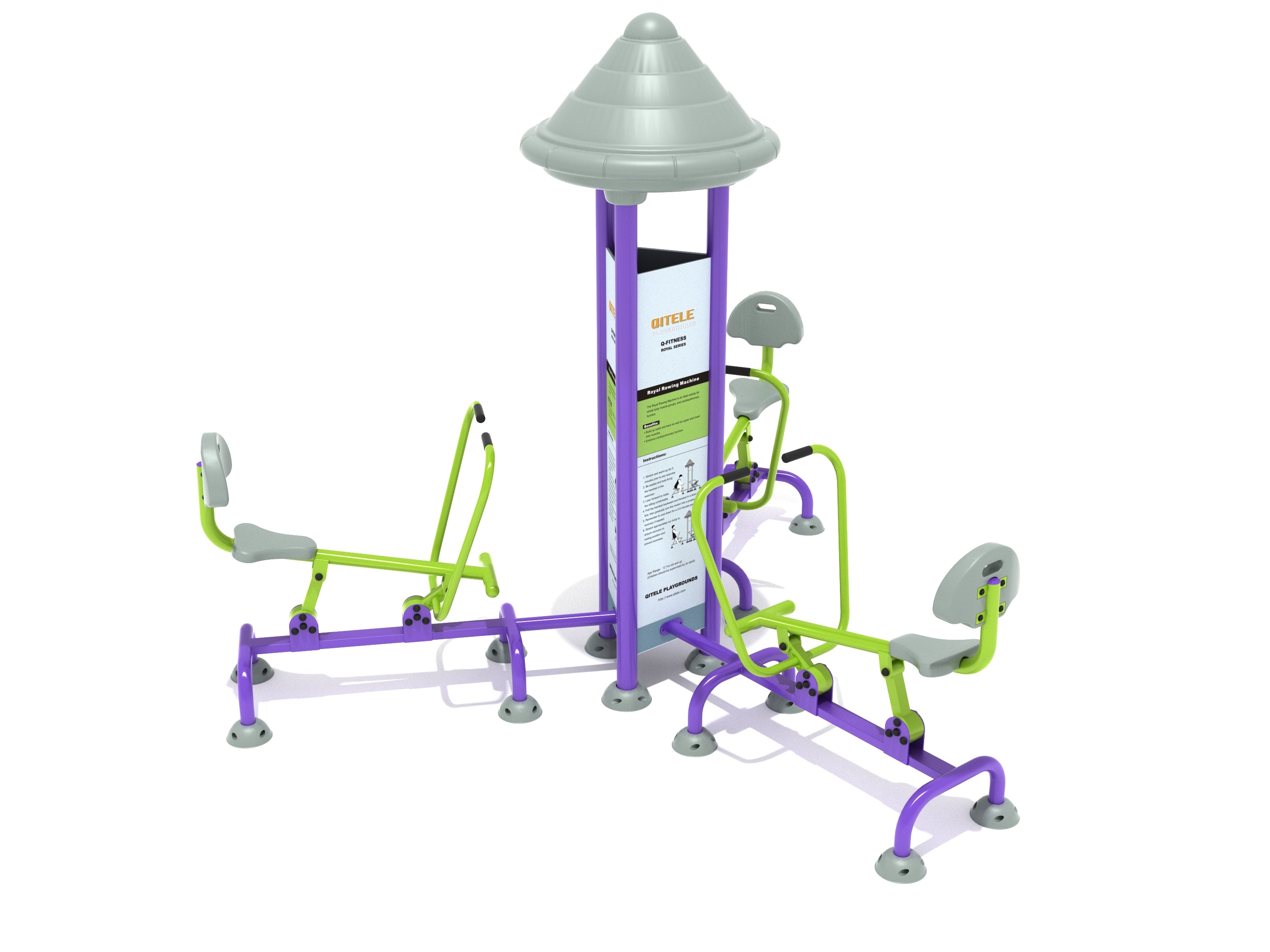 Royal Triple Station Rower with three green and purple seats and handles around a central column, outdoor fitness equipment for group rowing workouts