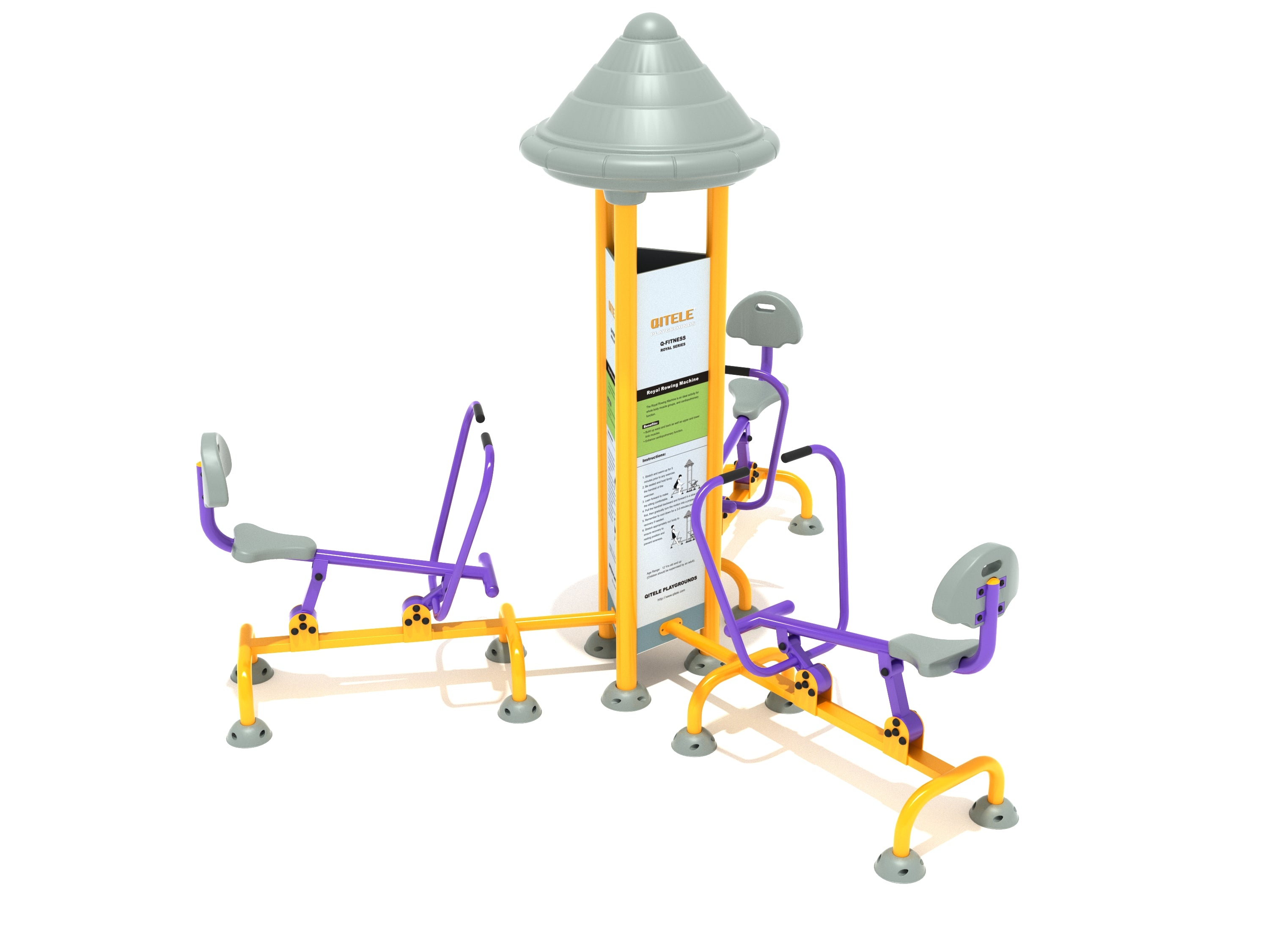 Outdoor triple rowing machine with yellow frame, purple seats and handles, and central instructional panel.