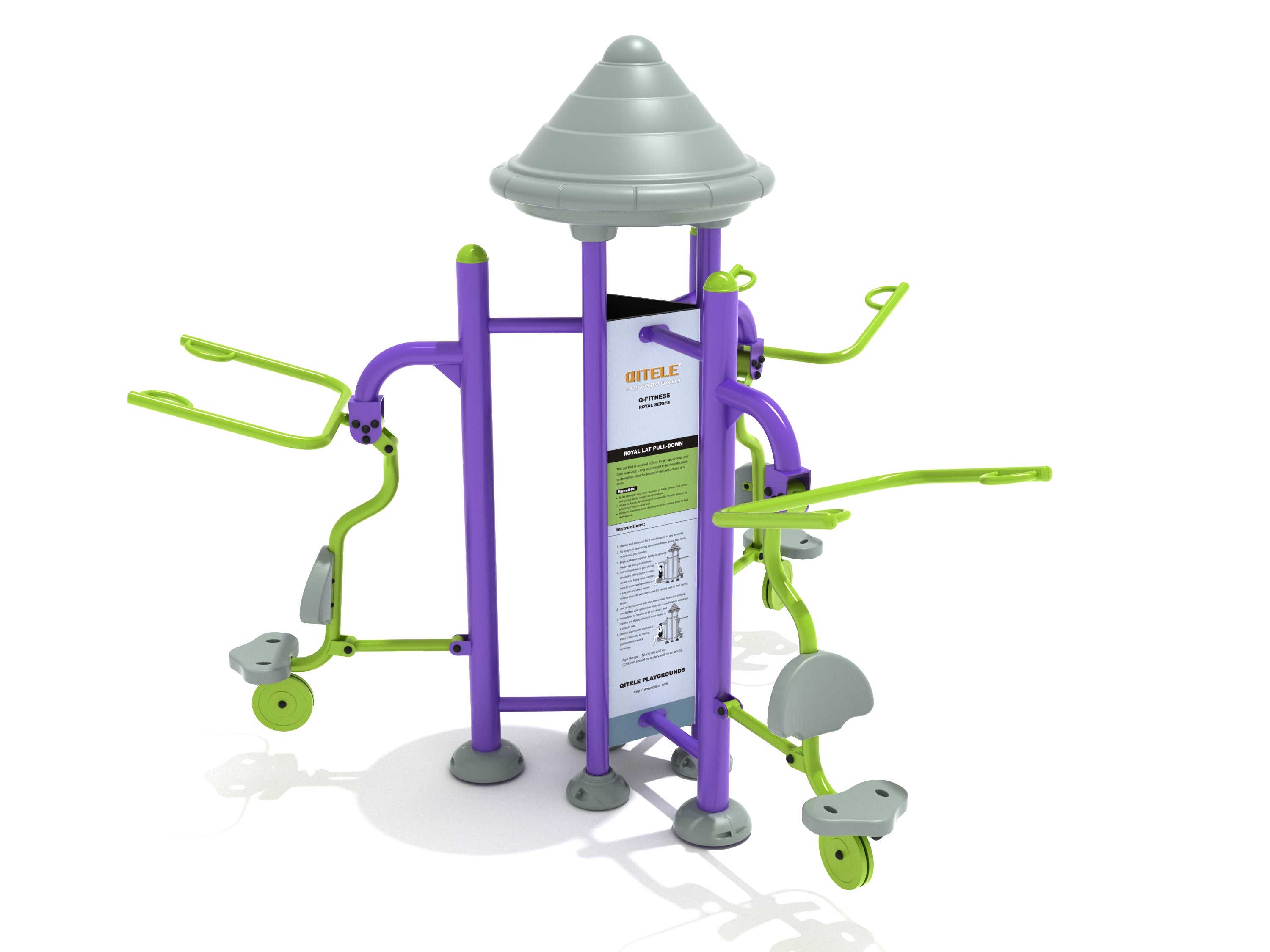 Royal Triple Station Lat Pull Down outdoor fitness equipment with three purple seats and green handles for upper body workouts