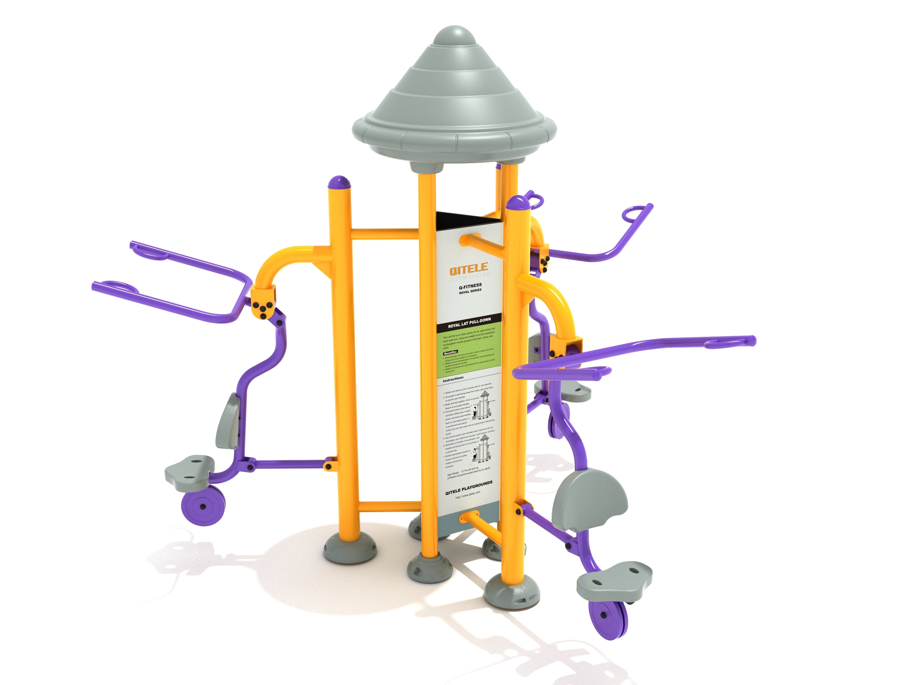 Outdoor triple-seat lat pull down station with yellow frame, purple handles, and gray seats for upper body workouts