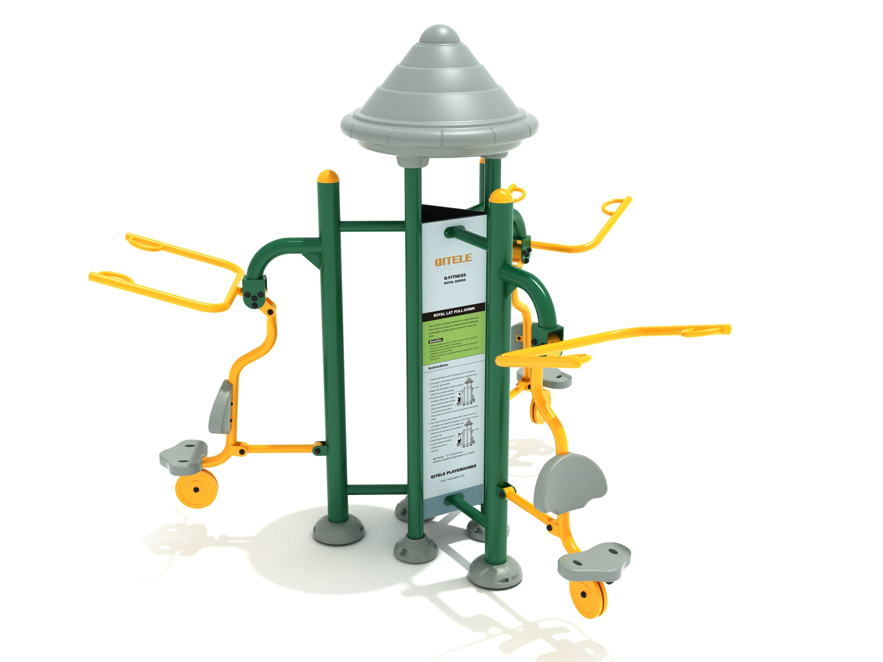 Outdoor triple-seat lat pull down station with green steel frame, yellow handles, and gray seats for upper body exercise