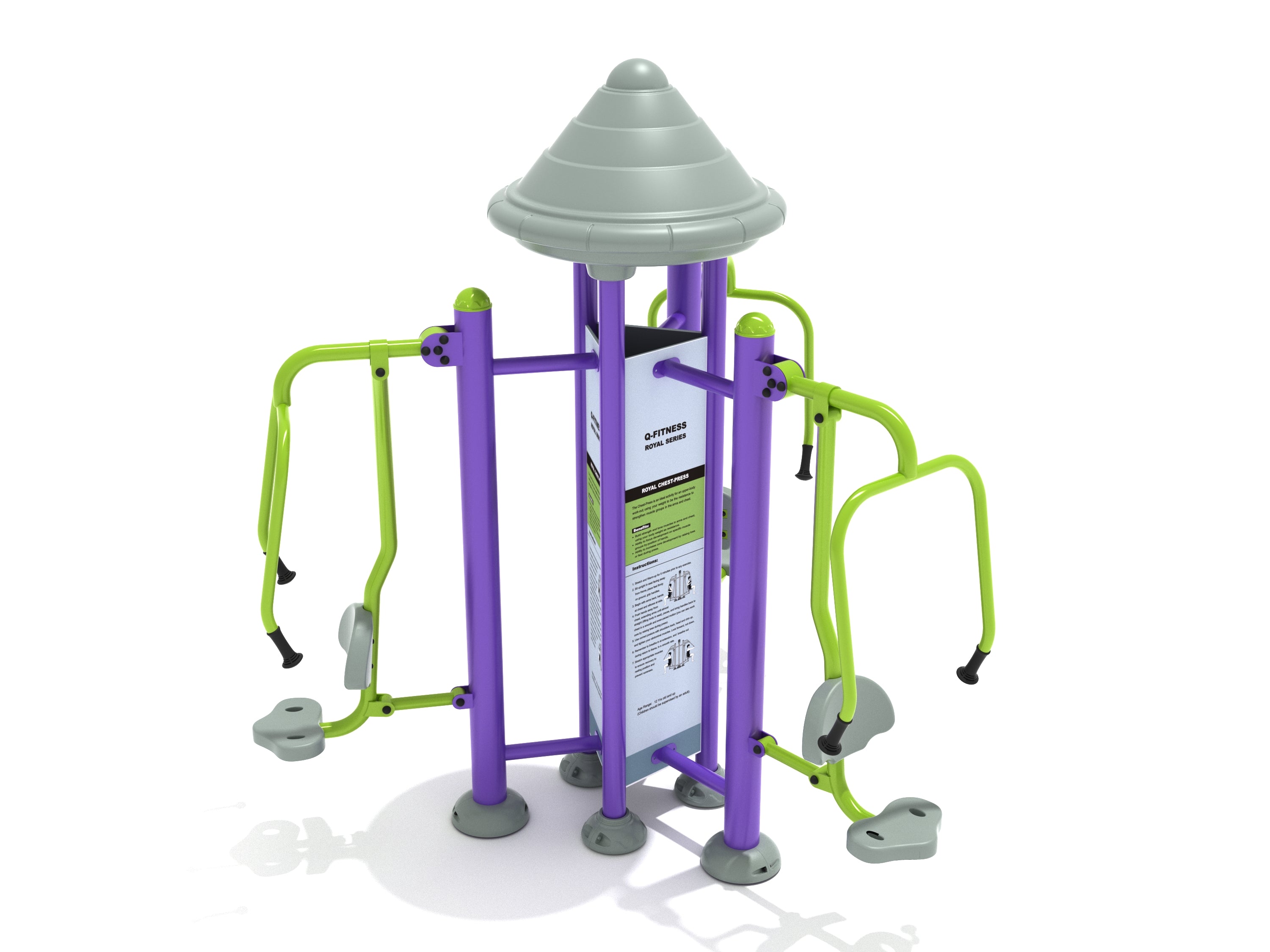 Royal Triple Station Chest Press outdoor fitness equipment with three green pressing stations and purple steel frame for upper body workouts