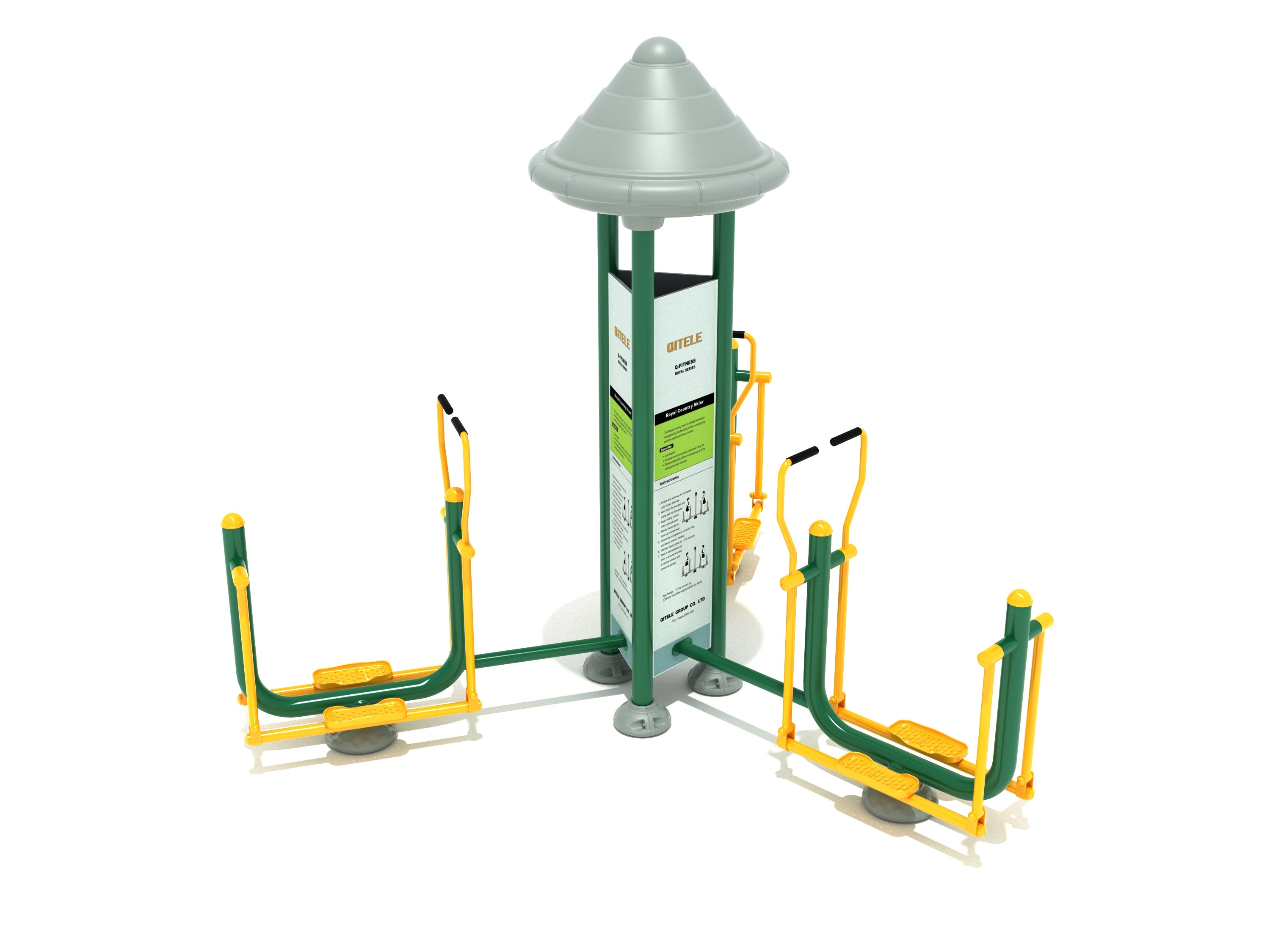 Royal Triple Station Country Skier outdoor fitness equipment with three green and yellow ski-like stations and central instructional panel