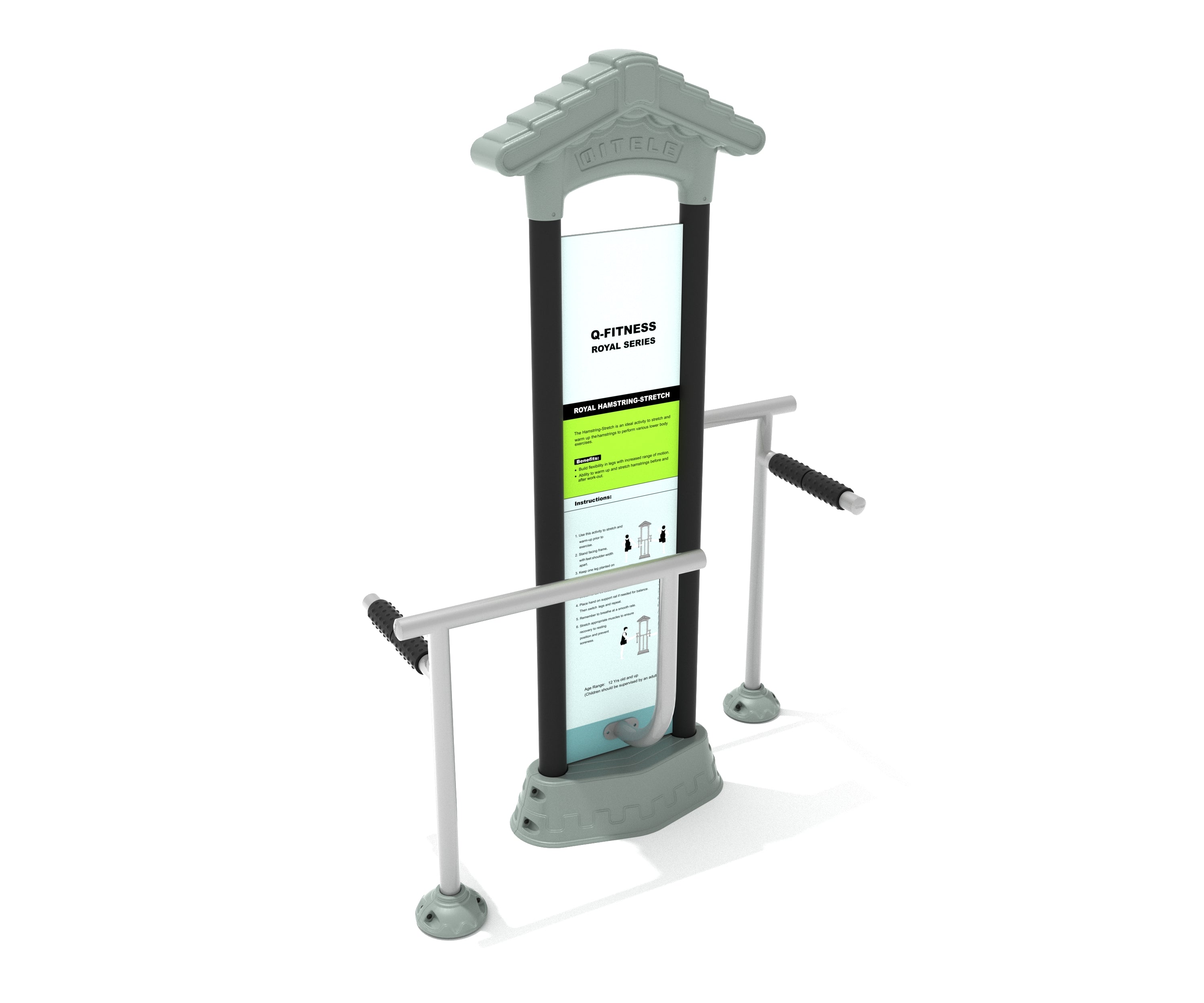 Royal Double Station Hamstring Stretch with dual textured grip bars and instructional panel for outdoor fitness and hamstring flexibility.
