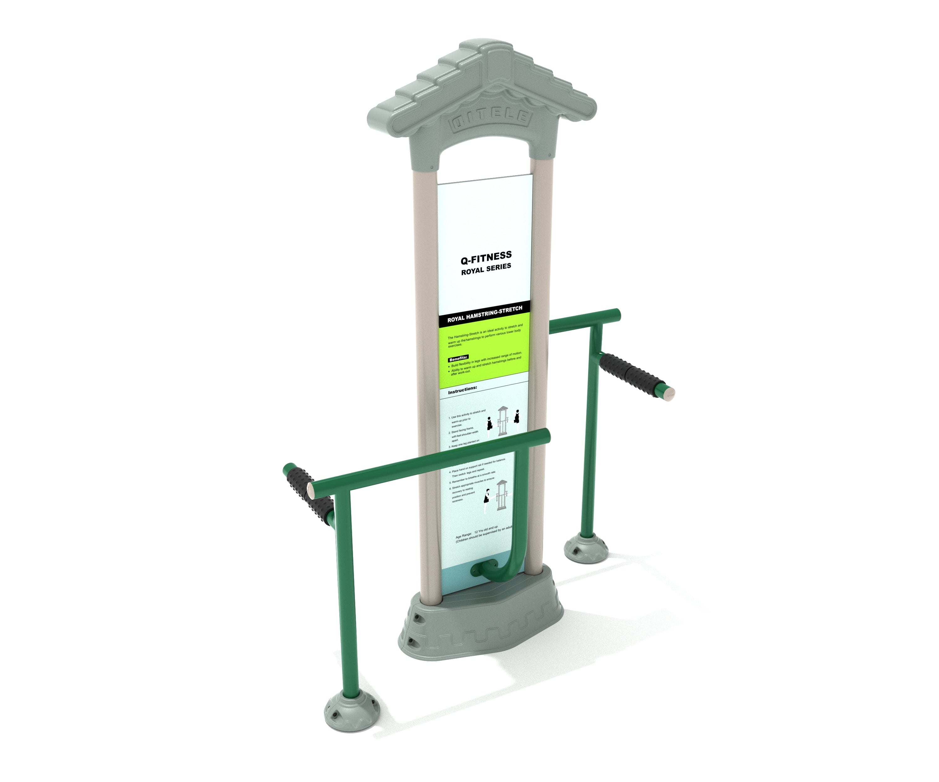 Outdoor hamstring stretch station with dual textured grip bars and instructional panel, weather-resistant fitness equipment.