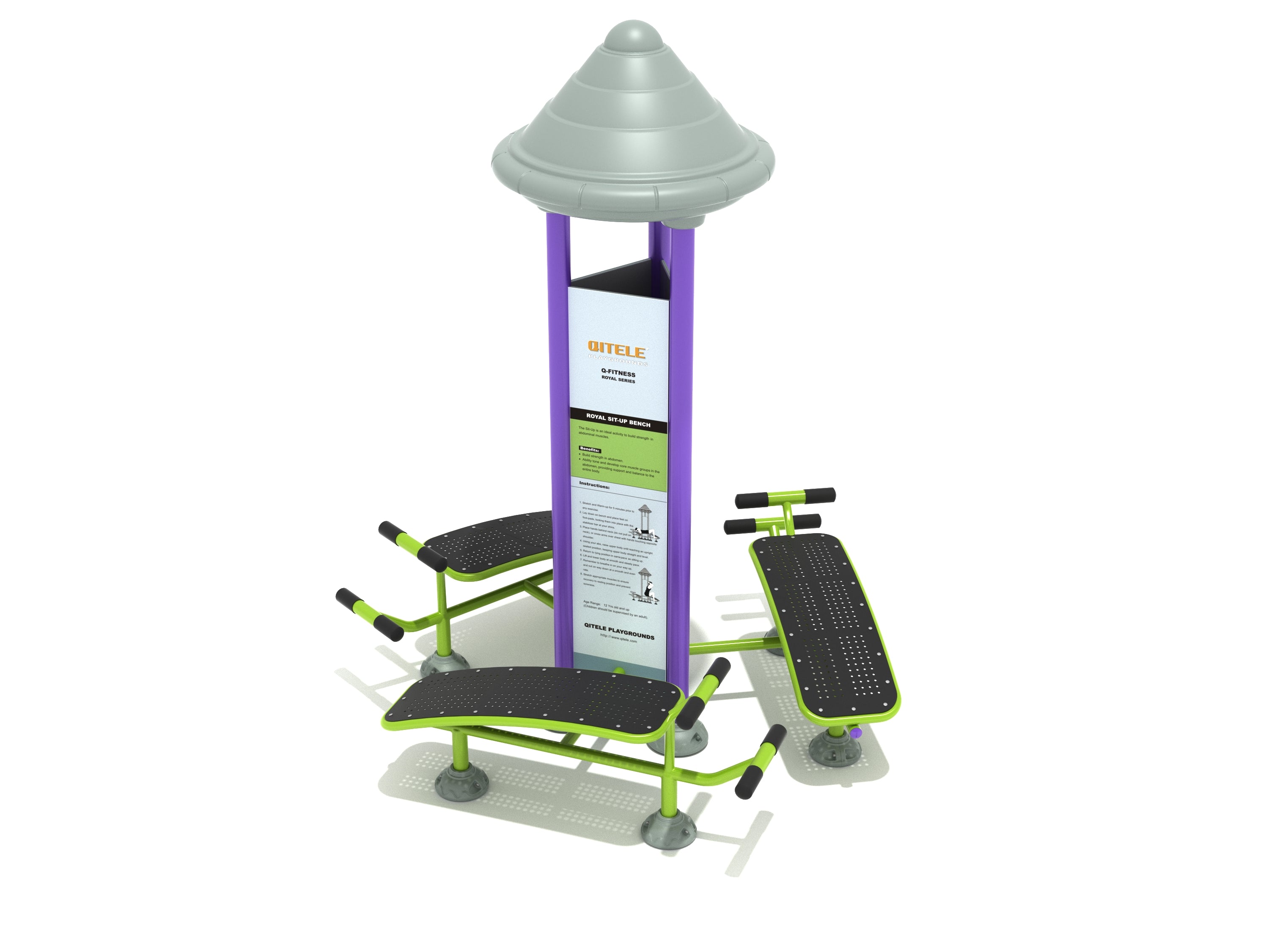 Outdoor triple sit-up bench with three sloped black seats, green metal frames, and a central purple post topped by a gray canopy