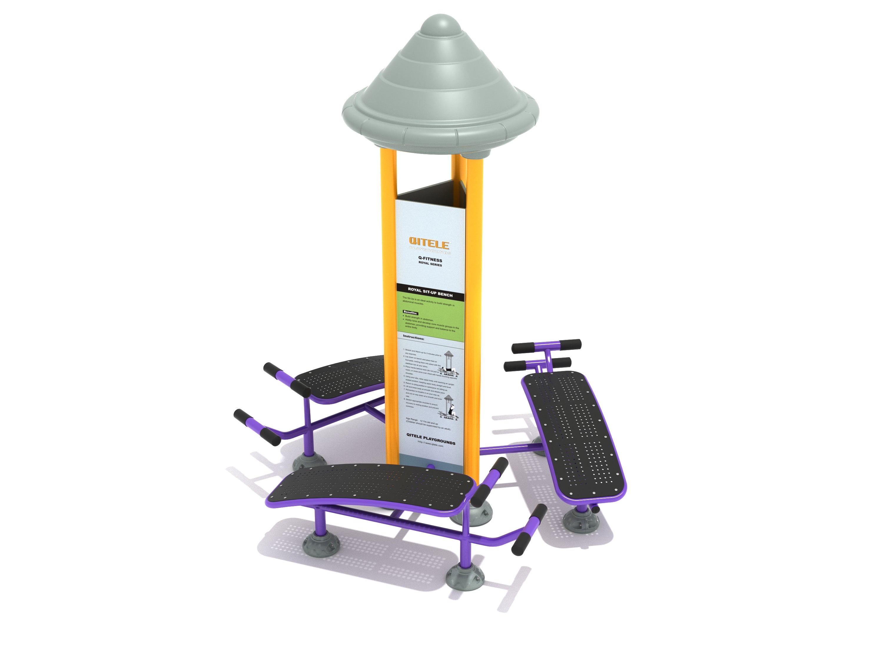 Royal Triple Station Sit Up Bench with three purple and black sloping stations, central yellow support post, and gray canopy, outdoor fitness equipment