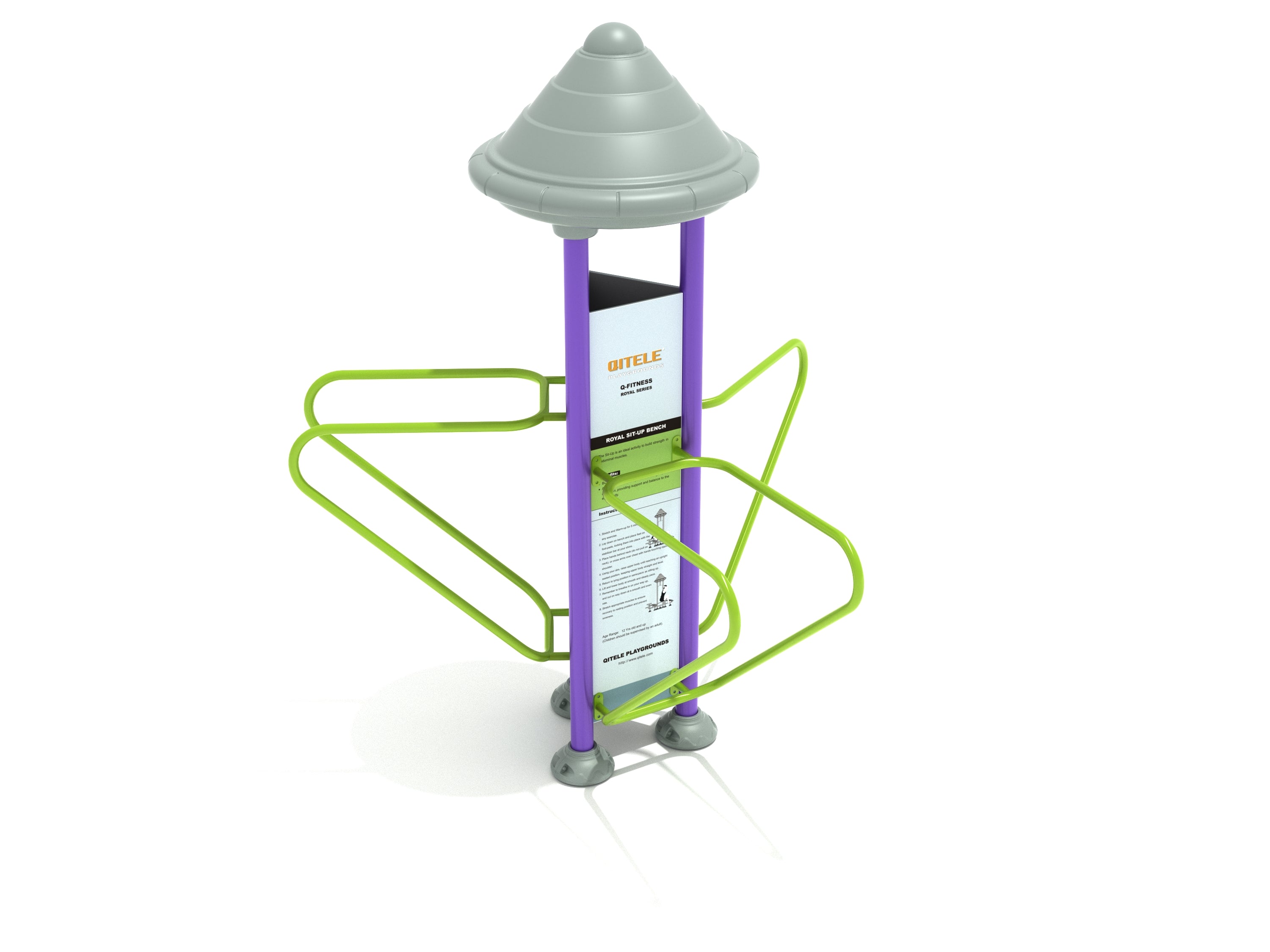 Royal Triple Station Dip outdoor fitness equipment with purple posts, green dipping bars, and instructional panel for strength training.