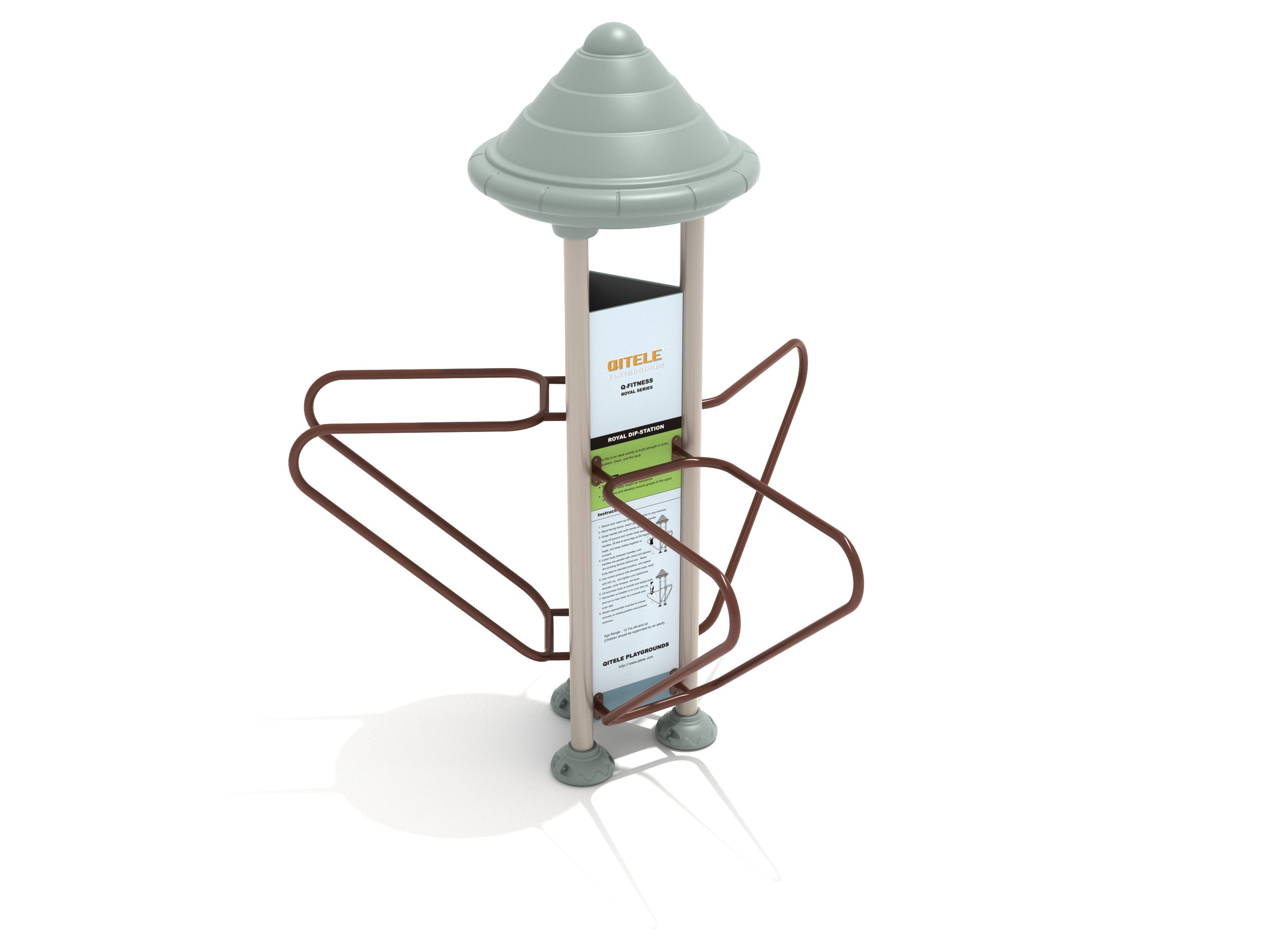 Outdoor triple dip station with three brown bars and central instructional panel under green canopy for fitness workouts