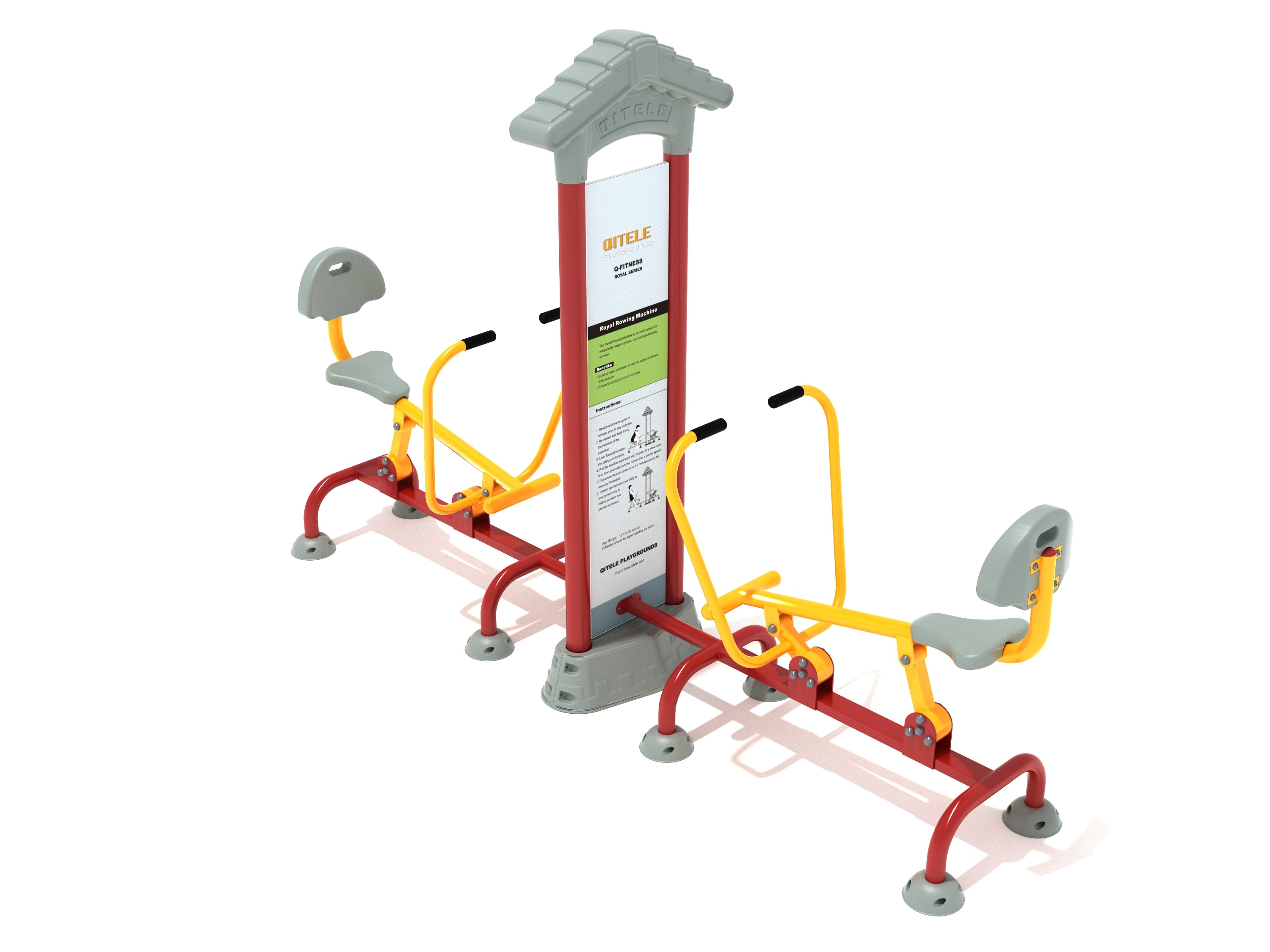Outdoor double rowing machine with red frame, yellow handles, gray seats, and central instructional panel for dual users