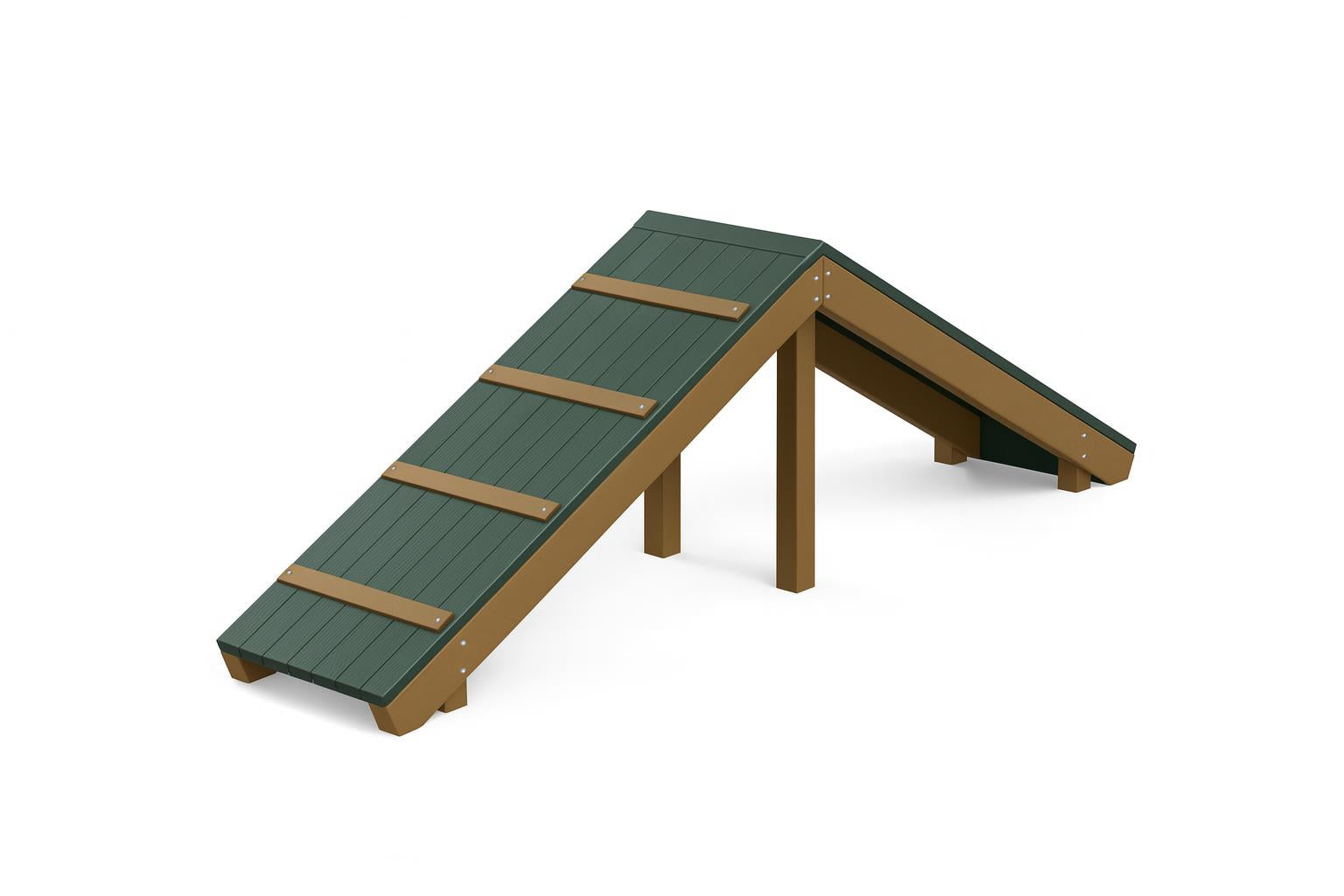 Recycled Hilltop Challenge dog agility ramp with wood-textured recycled plastic surface and brown grip slats in grassy dog park
