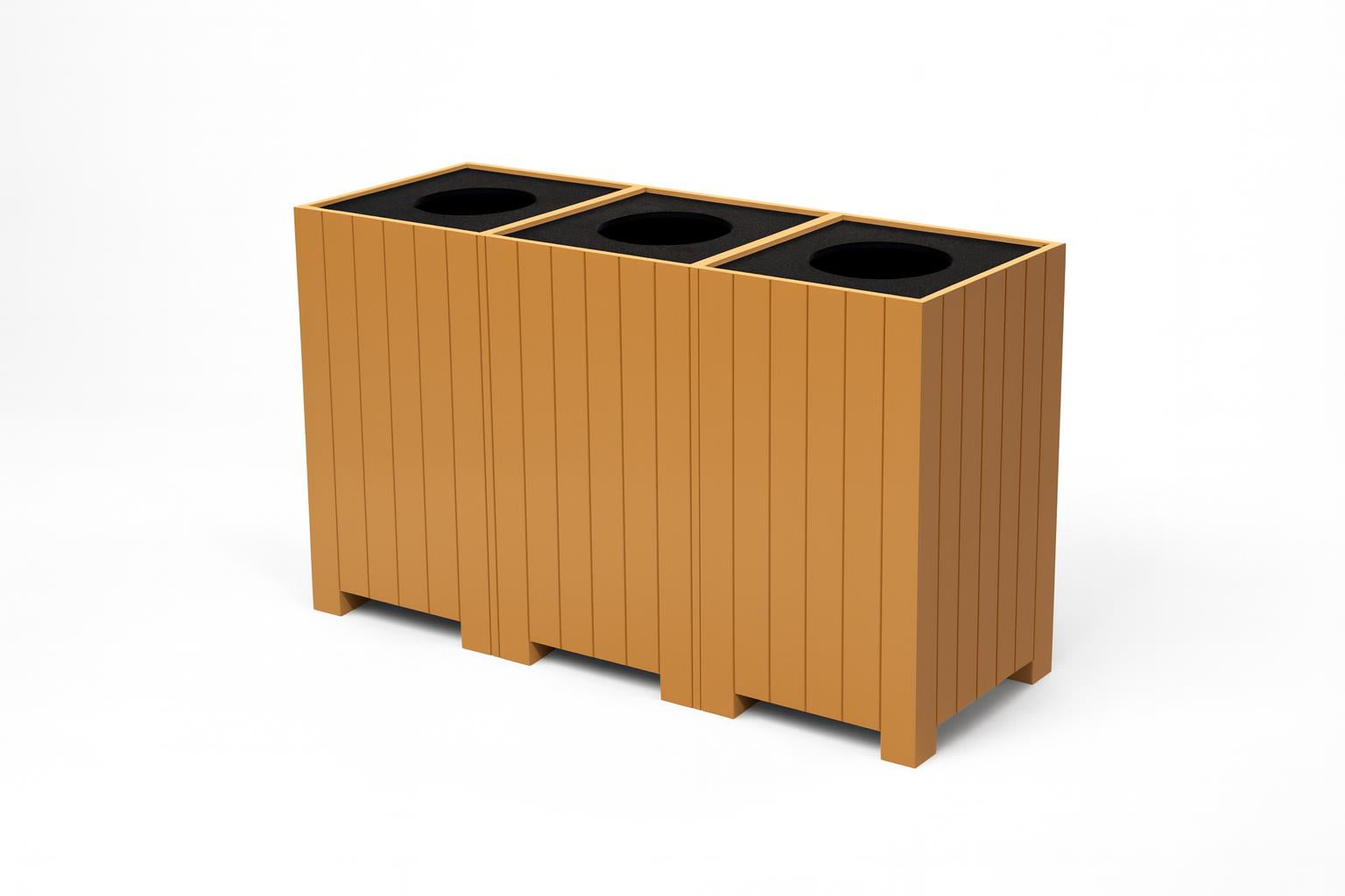 Square Recycling Center Receptacle with three cedar-colored recycled plastic compartments, black circular lids, and recycling openings