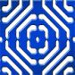 Blue metal trash receptacle panel with geometric fiesta pattern of diamond and square shapes on expanded metal surface