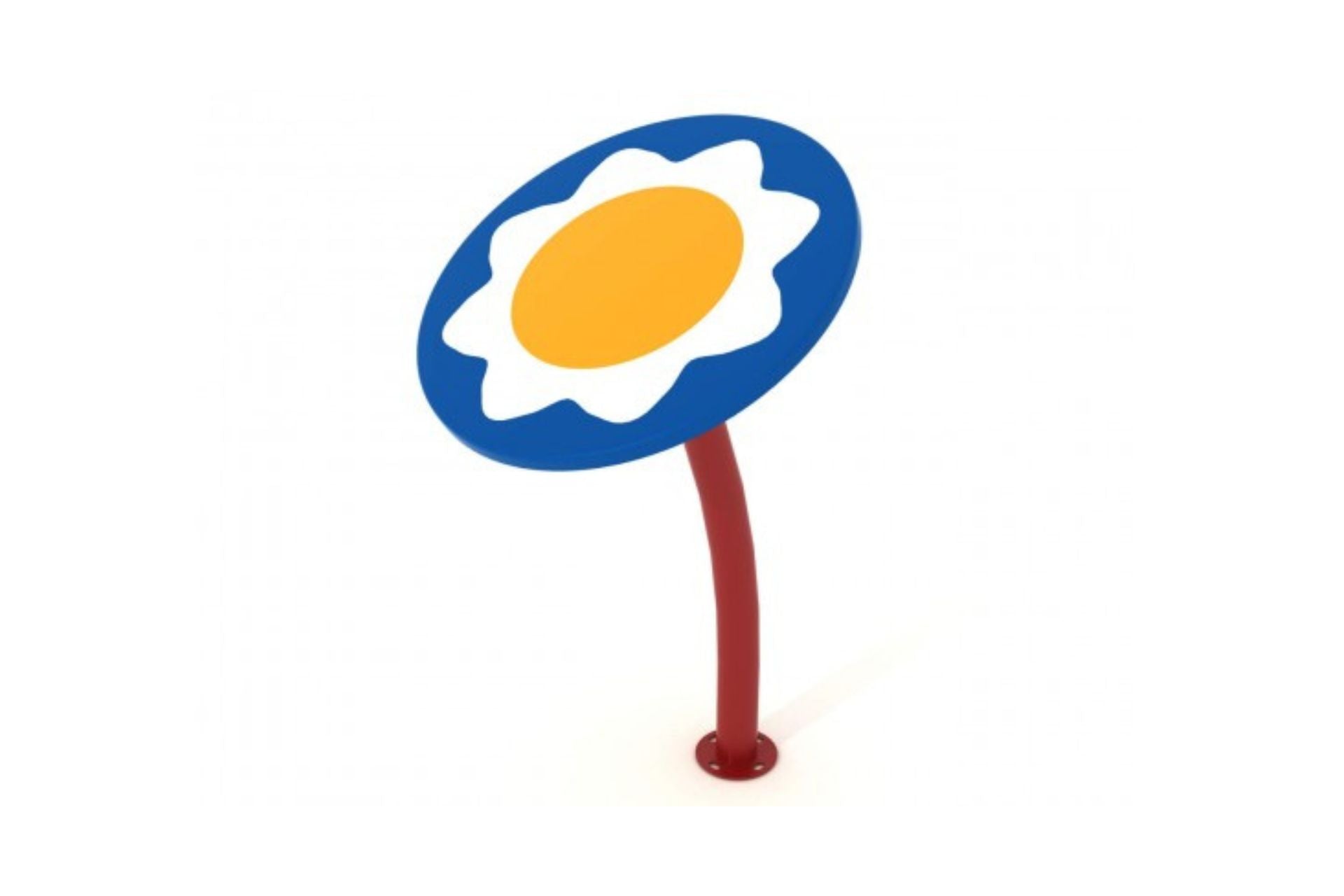 Flower Drum playground musical instrument with blue and white floral steel drum, red stand, and surrounding polyethylene petals.