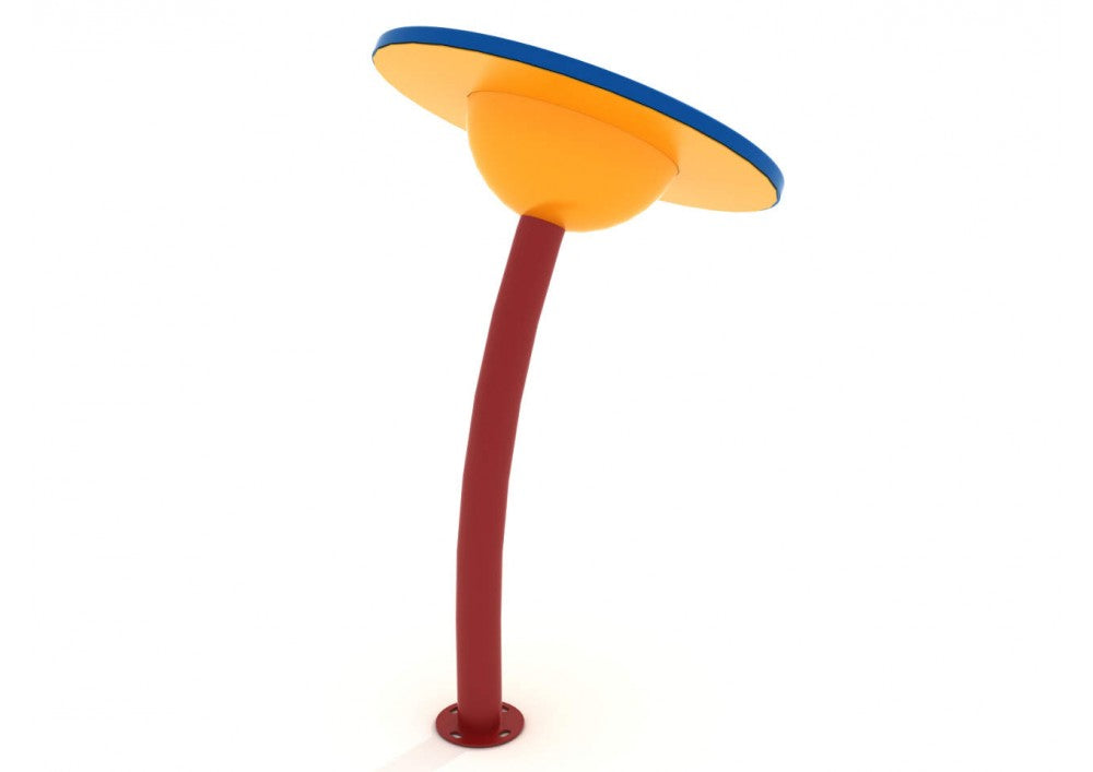 Freestanding steel playground drum with red post, yellow body, blue rim, and colorful polyethylene petals for interactive musical play.
