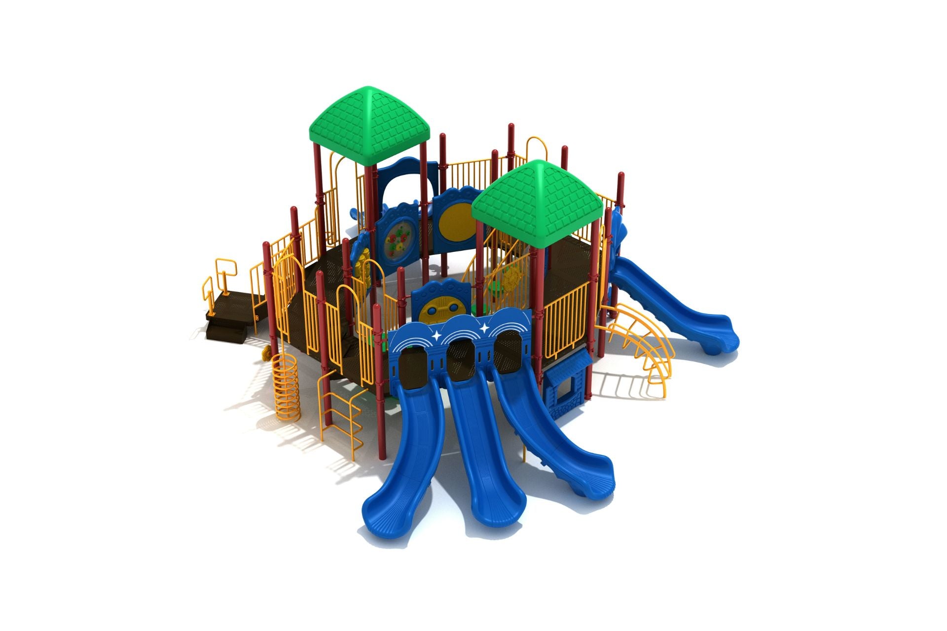 French Quarter Playground with green roofs, blue slides, yellow railings, octagonal elevated walkway, Boulder and Pebble Climbers, interactive play panels