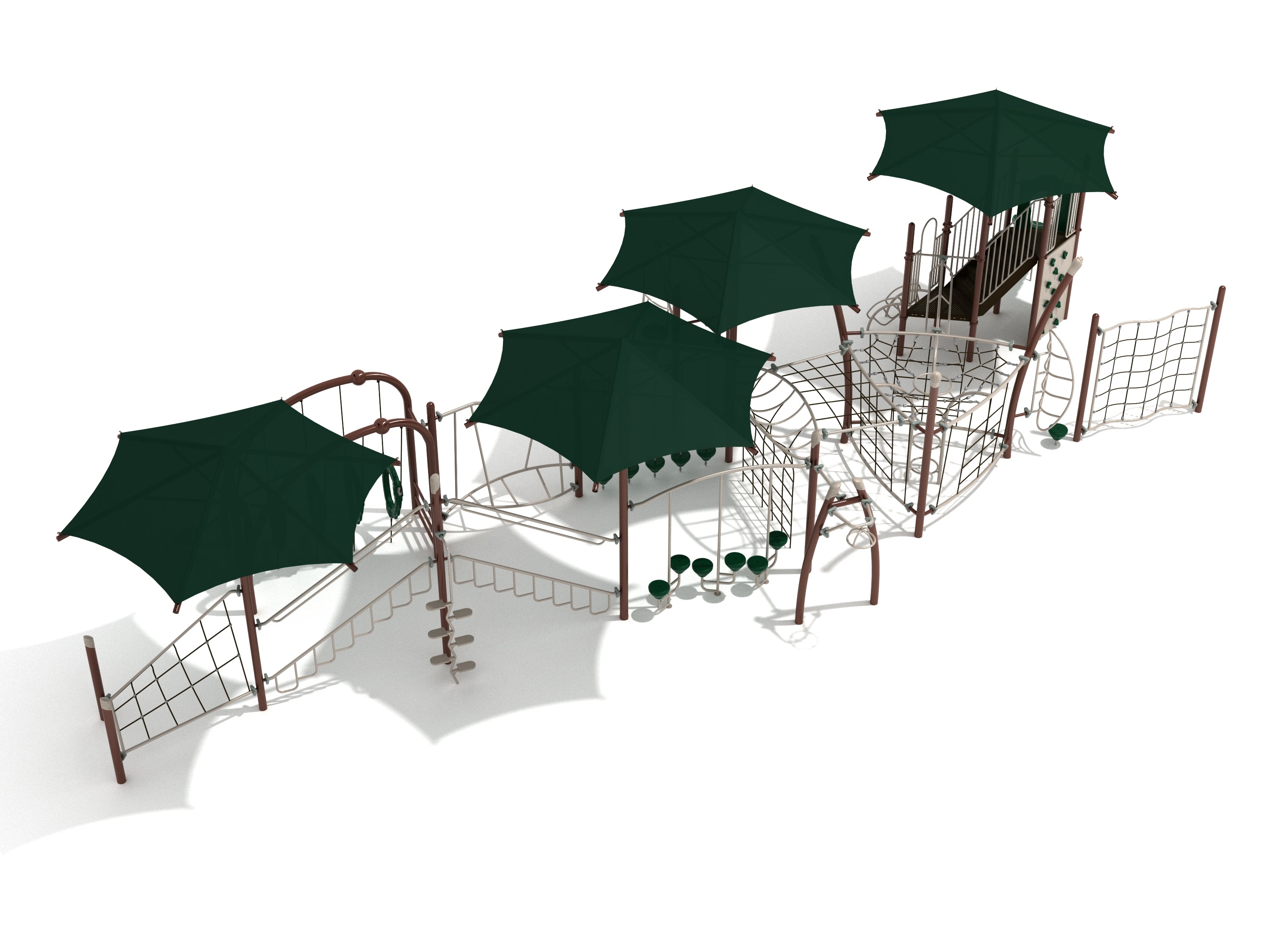 Brasstown Bald Playground large play system with shaded climbing nets, bridges, and slides in brown and green