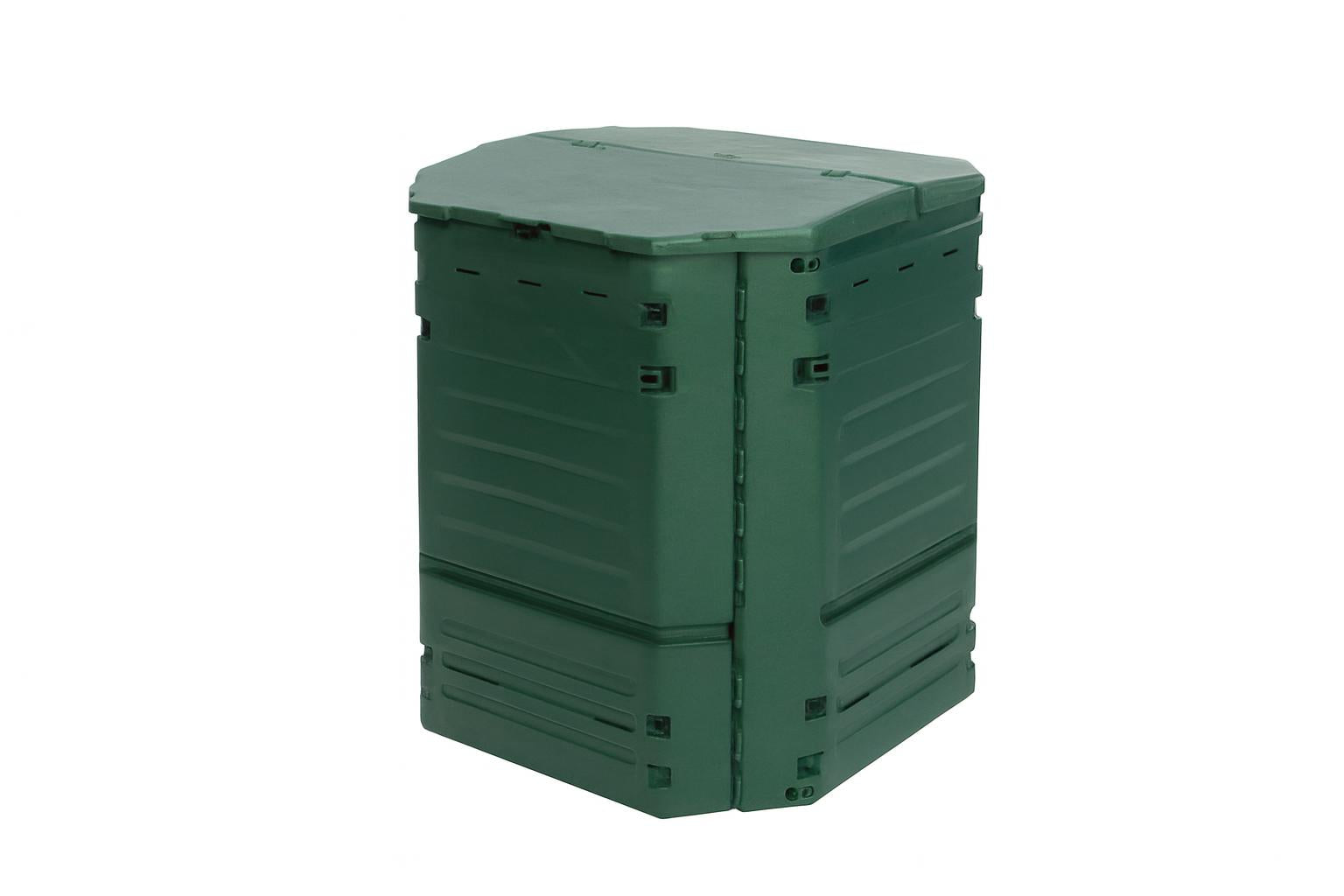 Thermo King 900 Compost Bin green insulated compost bin with hinged lid, ventilation panels, and Easy-Lock assembly on outdoor patio