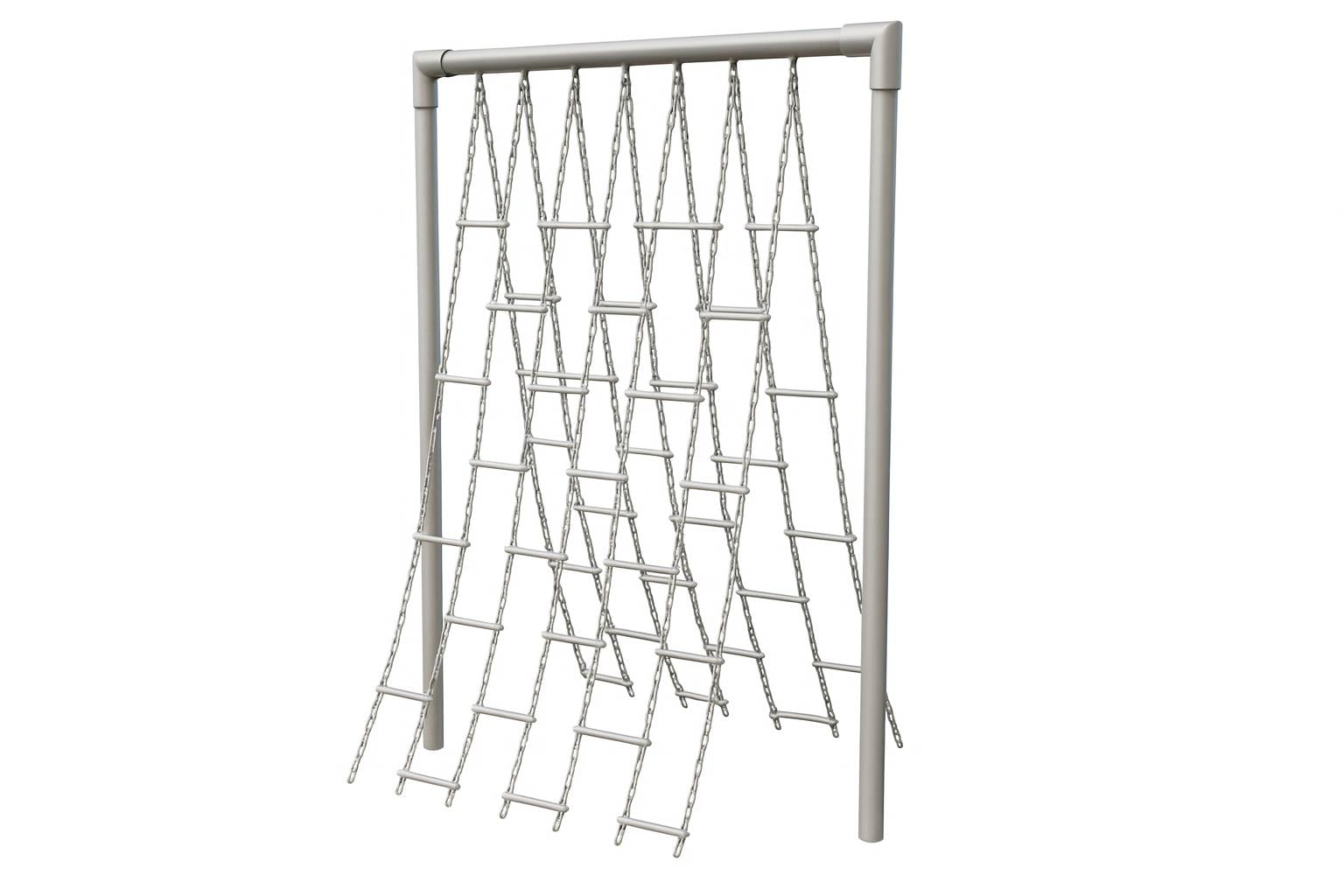 Scrambler Climber with two children climbing staggered aluminum chain ladders on colorful outdoor playground equipment