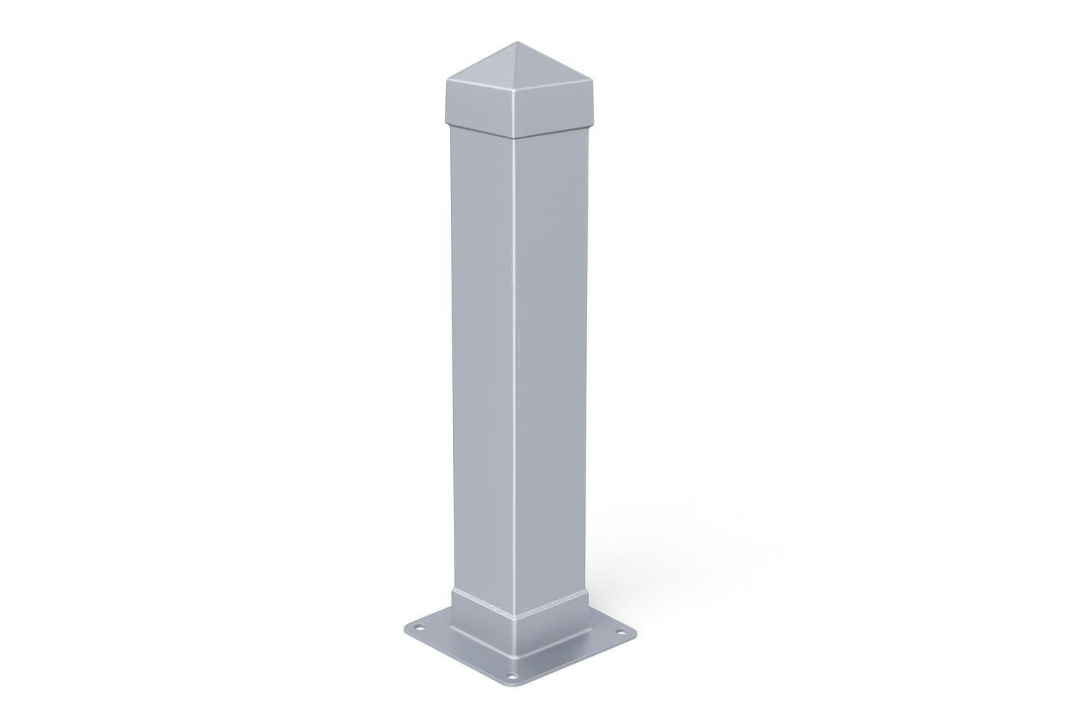 Dover Series Bollard set with powder-coated steel finish, square shape, pyramid tops, surface-mounted on sidewalk near brick building and metal gate