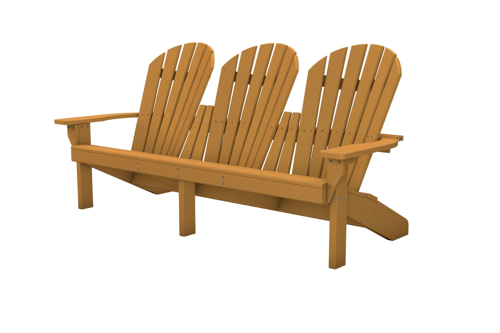 Grand Isle Recycled Plastic Adirondack Bench in brown with three seats and classic slatted back, eco-friendly outdoor seating