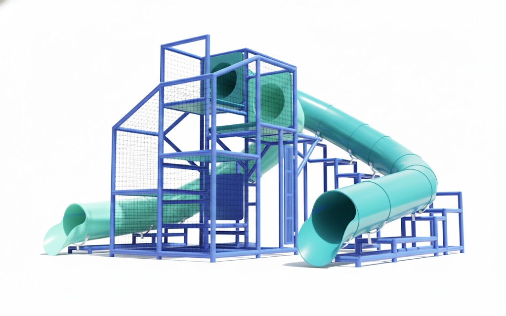 Yellowstone River Water Slide with two teal enclosed tube slides and blue metal framework descending into a pool surrounded by trees and mountains