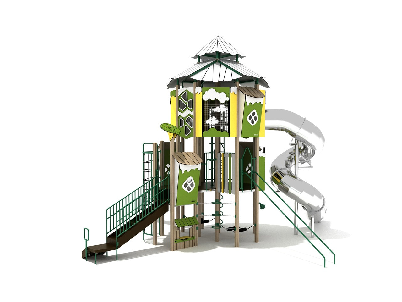 Elevated playground structure with green canopy roofs, climbing nets, ring and spiral climbers, and a large silver spiral slide