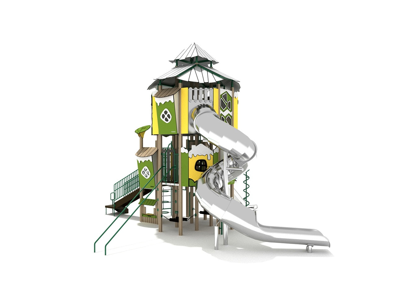 Florida Elm Canopy Quest Play Structure with roofed tower, green and yellow panels, spiral and tube slides, and climbing features