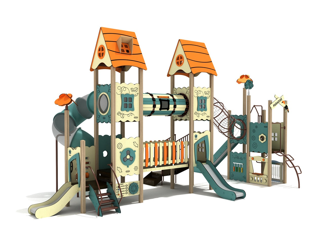 Colorful commercial playground with whimsical cottage roofs, slides, tunnels, climbing nets, and interactive play panels.