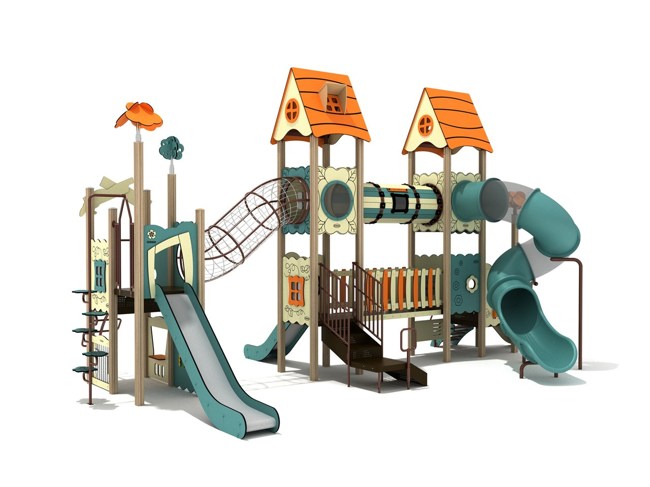 Sugarberry Canopy Quest play structure with whimsical cottage roofs, slides, tunnels, climbing features, and interactive panels for active kids