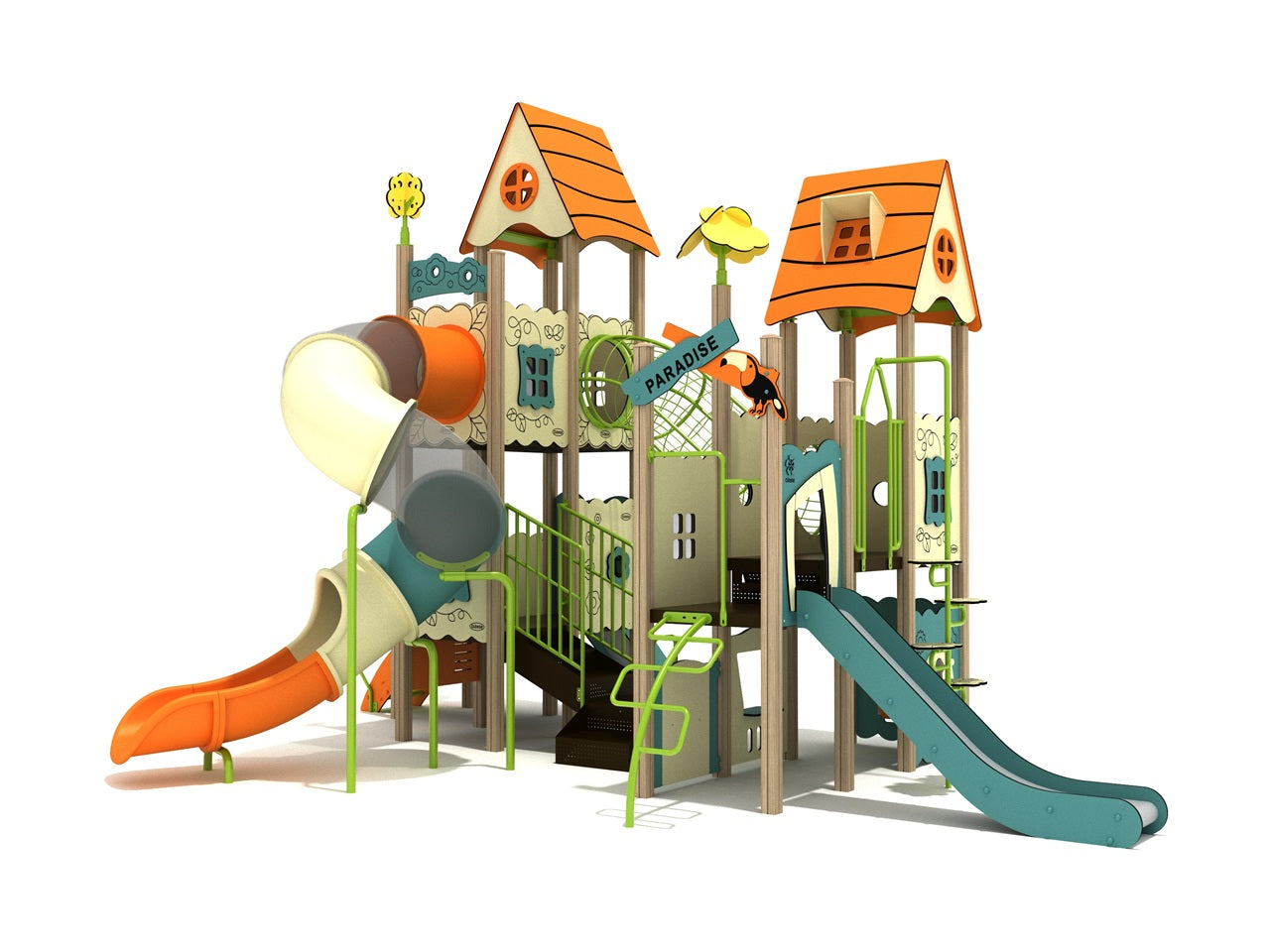 Multi-tower playground with orange peaked roofs, slides, climbers, and nature-themed decorative panels.