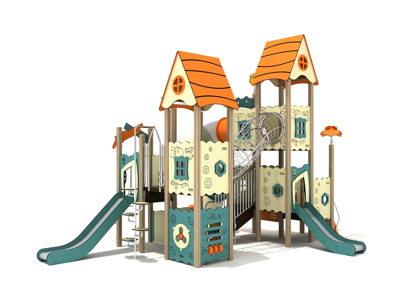 Red Mulberry Canopy Quest play structure with orange rooftops, slides, climbers, enclosed crawl bridge, and activity panels in a multi-tower design