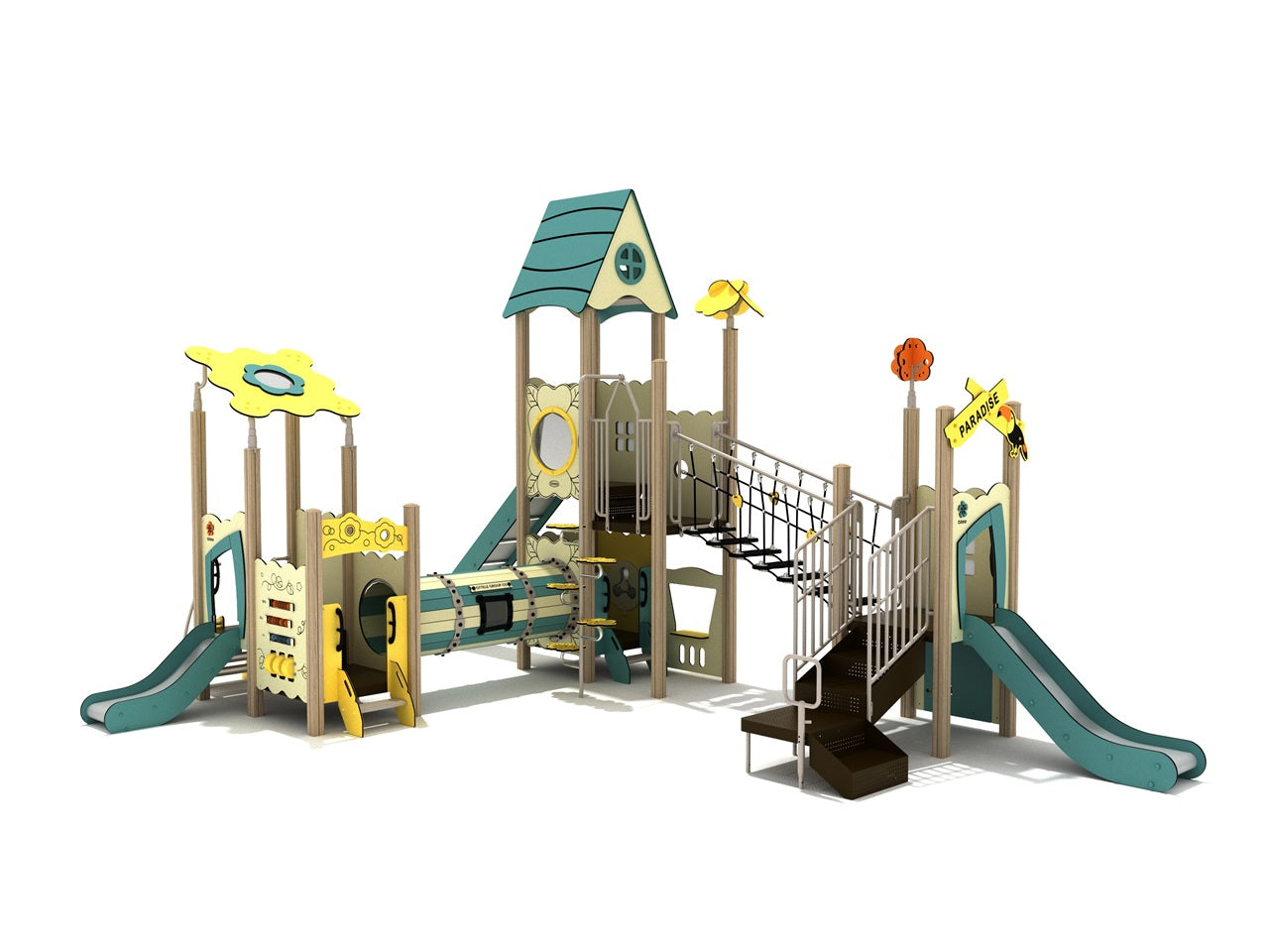Quaking Aspen Canopy Quest play structure with green and yellow house-style roofs, slides, tube bridge, climbing features, and interactive panels