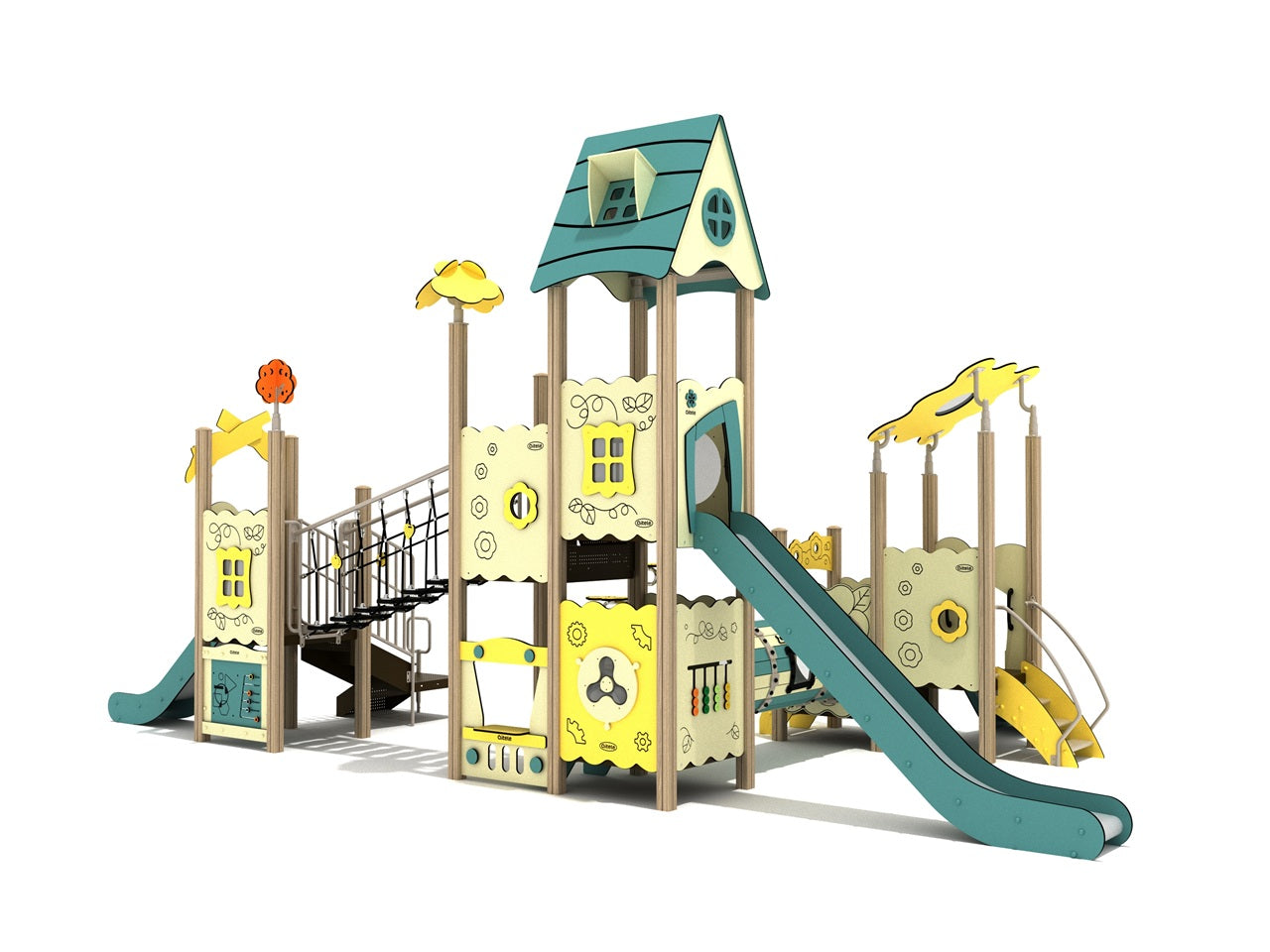 Colorful playground structure with house-style roofs, slides, tube bridge, and interactive panels in yellow, teal, and beige.