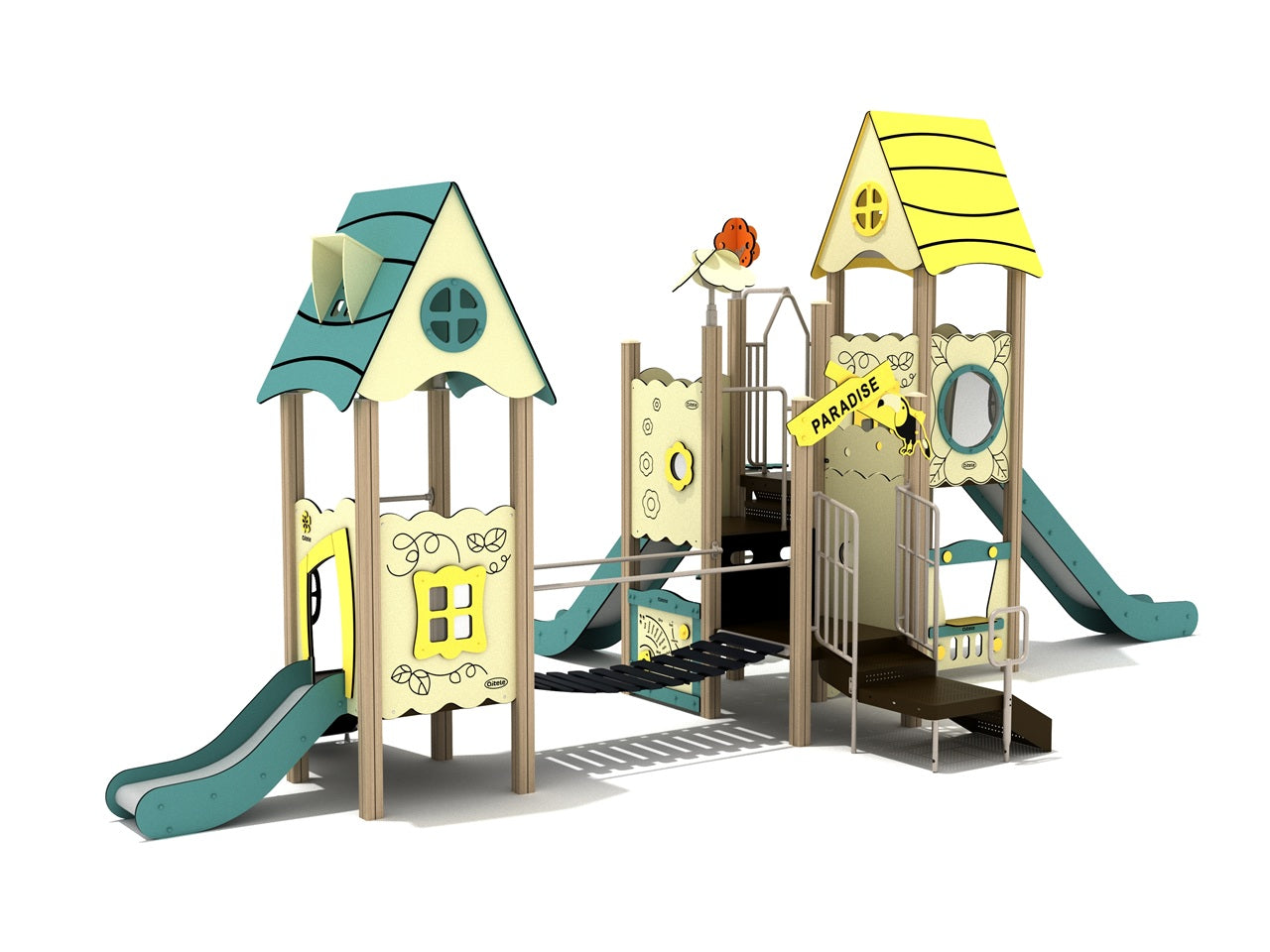Colorful playground structure with storybook-style roofs, two slides, plank bridge, and interactive play panels for active kids.