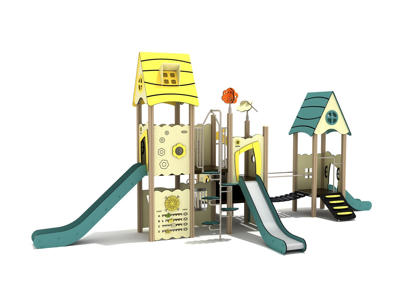 Manzanita Canopy Quest Play Structure with storybook roofs, two slides, plank bridge, and interactive play panels for active climbing and social play