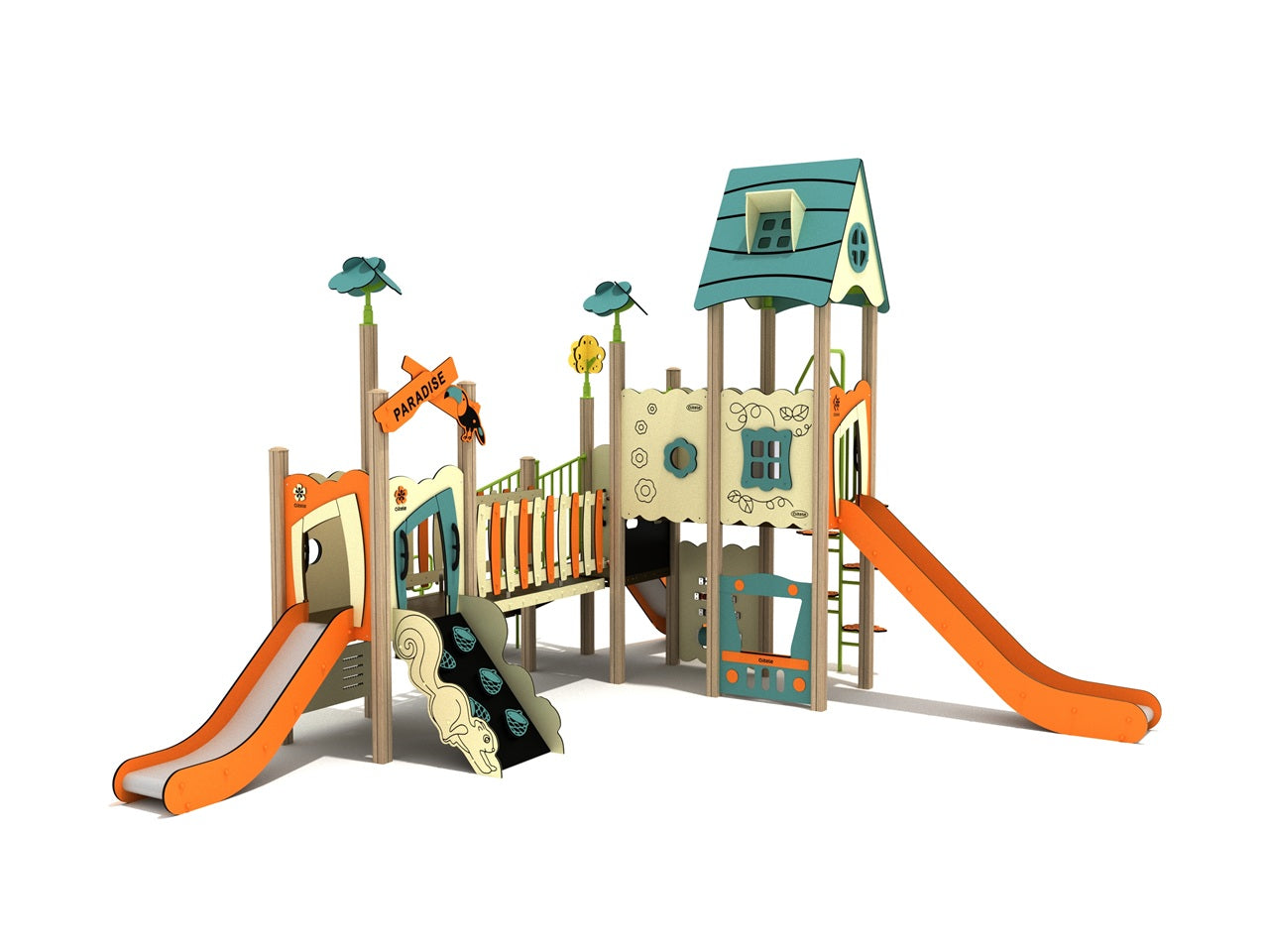 Multi-level playground with cottage-style roof, dual orange slides, picket bridge, themed panels, and tree toppers