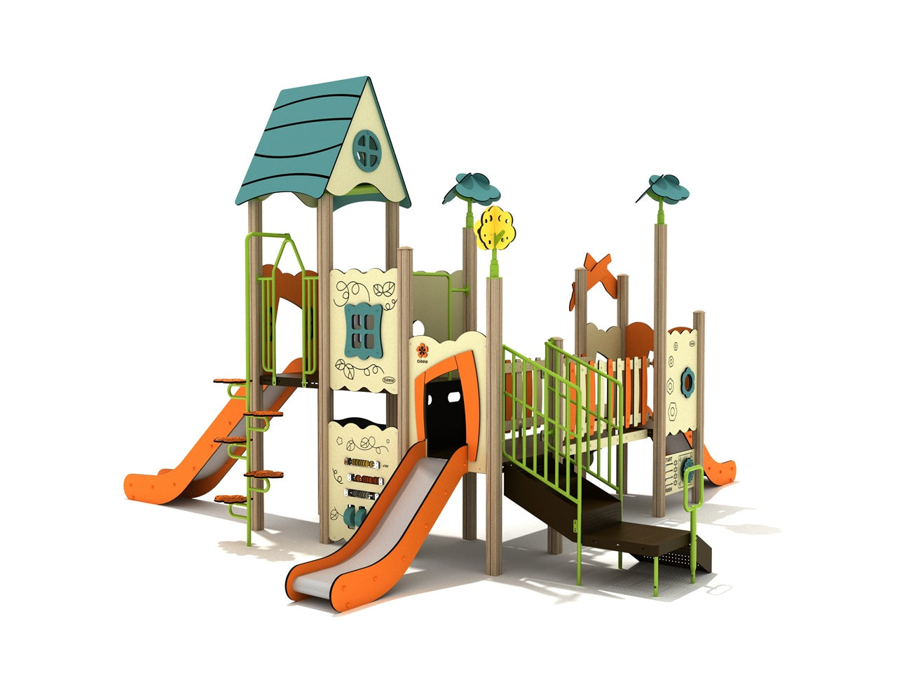 Iron Oak Canopy Quest Play Structure with dual orange slides, green railings, cottage-style roof, and playful tree toppers