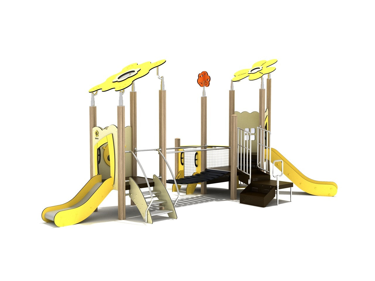 Playground structure with yellow slides, flower-shaped canopies, wood-textured posts, and a plank bridge for active play